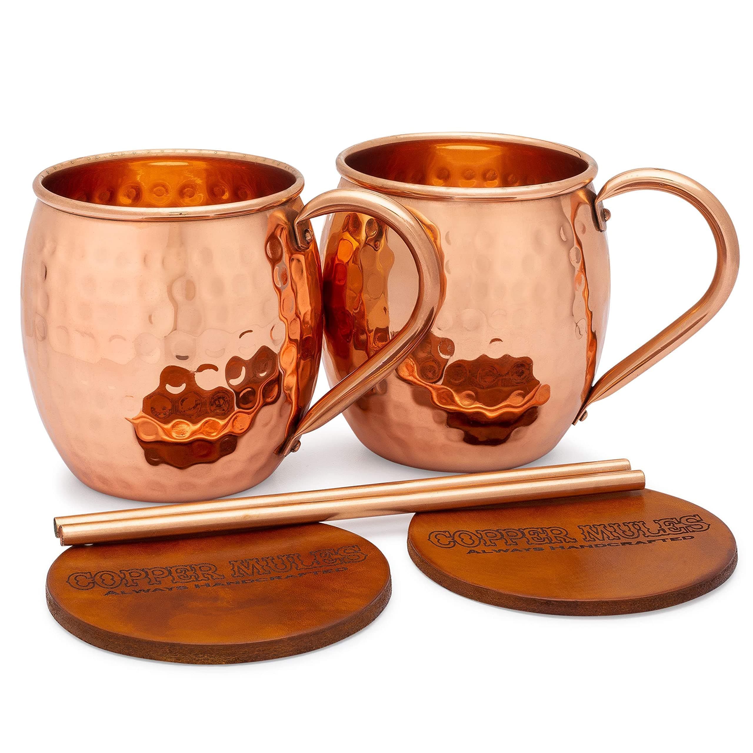 Copper Mules PURE Extra Thick Copper Mug Set/2 Barrel Hammered Finish - EasyCare Interior Ideal for Moscow Mules - Authentic and Strong Riveited Handle - Holds 16oz ea.