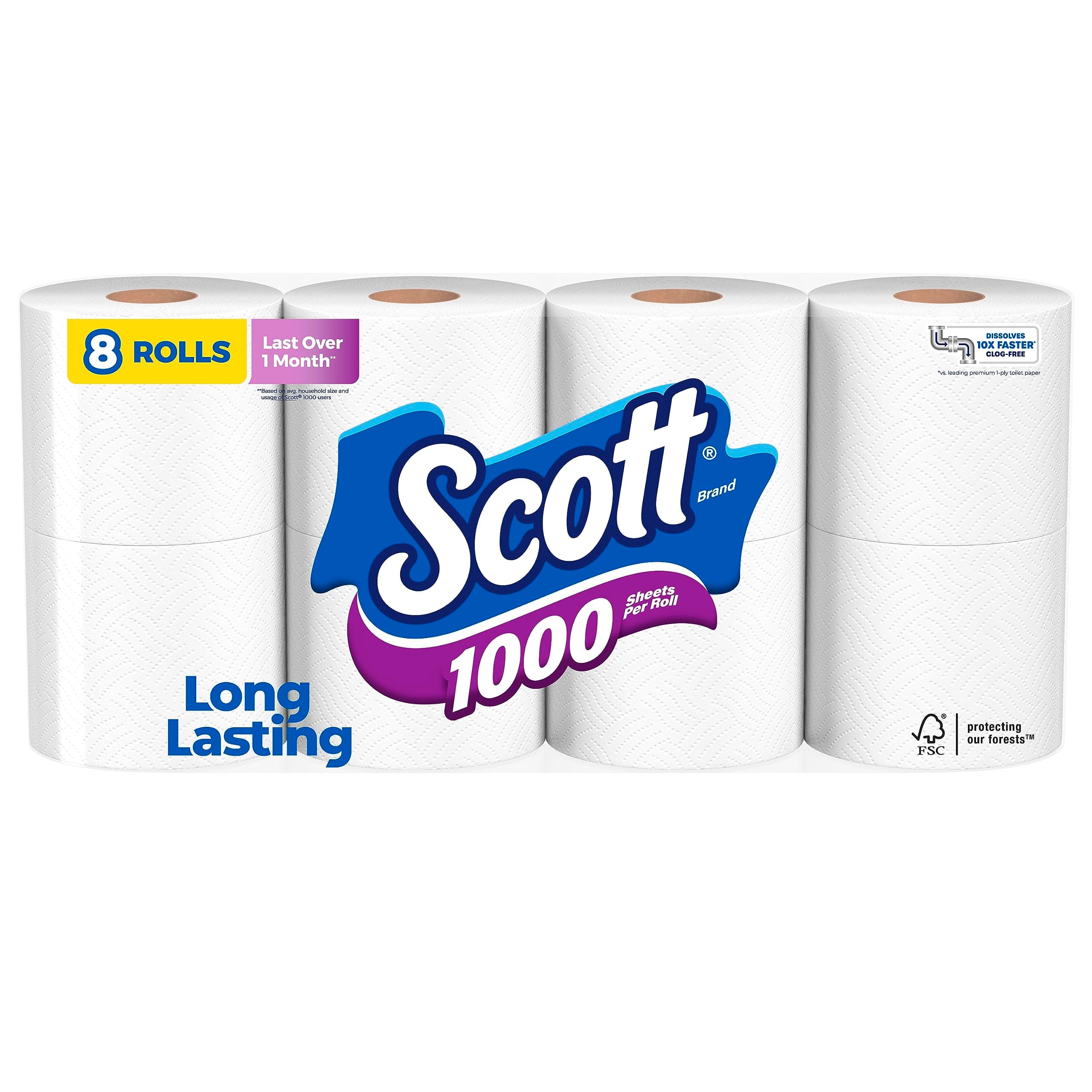 Scott 1000 Sheets Per Roll, 8 Toilet Paper Rolls, Bath Tissue