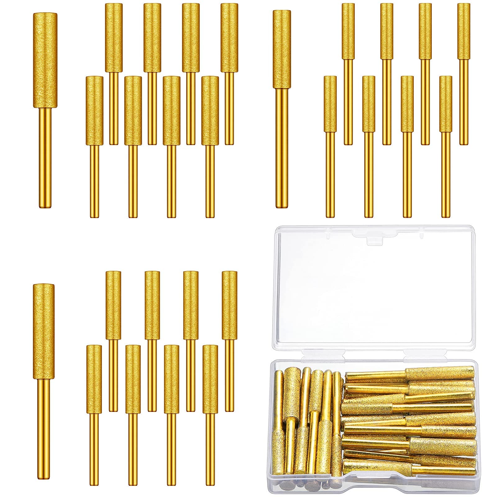 Chumia 30 Pcs High Hardness Titanium Diamond Chainsaw Sharpener Stone Bit Bulk Chain Electric Chainsaw Sharpening Wheels Kit 3 Size Plated Grinding Tool, 5/32, 3/16, 7/32 Inch (Gold)