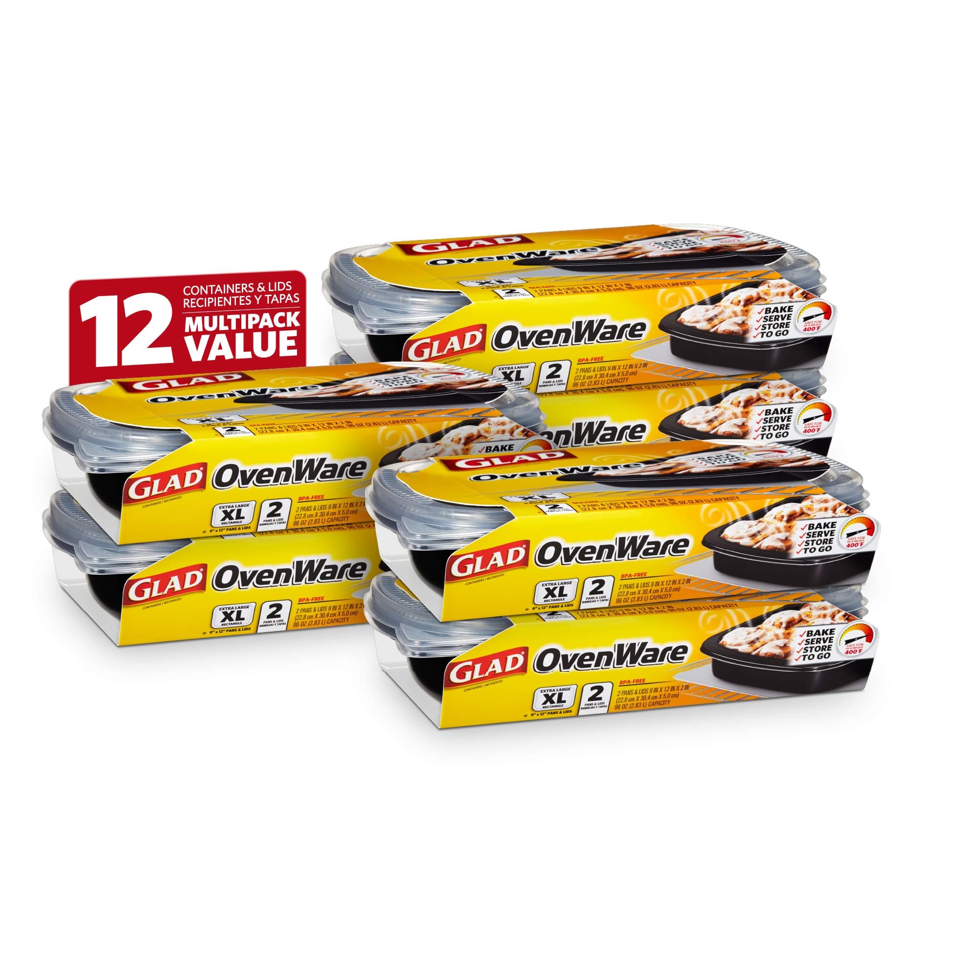 Glad OvenWare XL Rectangle Food Storage Containers, (96 Oz) | Extra Large Glad Food Storage Containers for Everyday Use, Safe for Use in the Oven, 2 Count (Pack of 6)