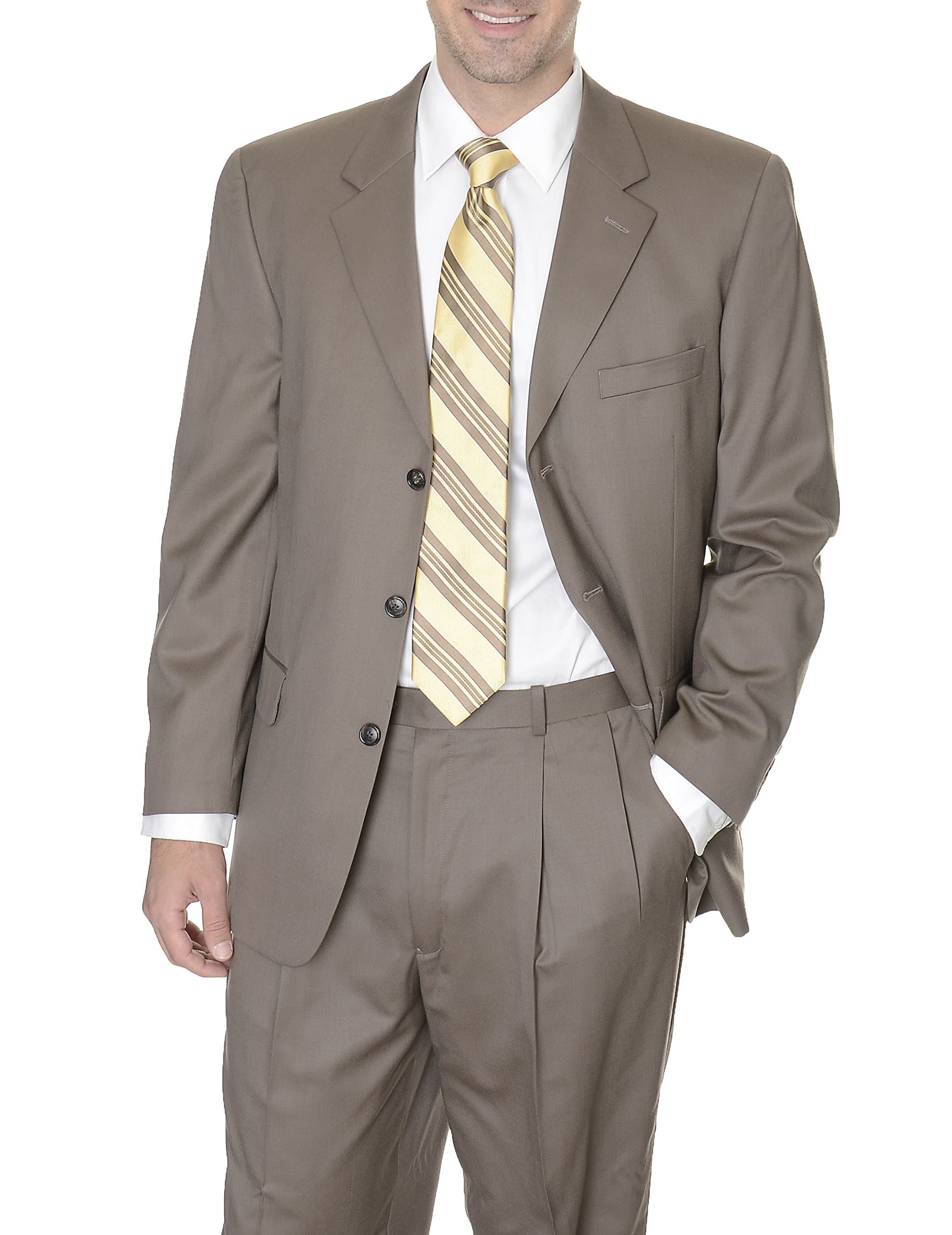 Abriani Classic Fit 42R Solid Taupe Brown Three Button 100% Virgin Wool Suit
