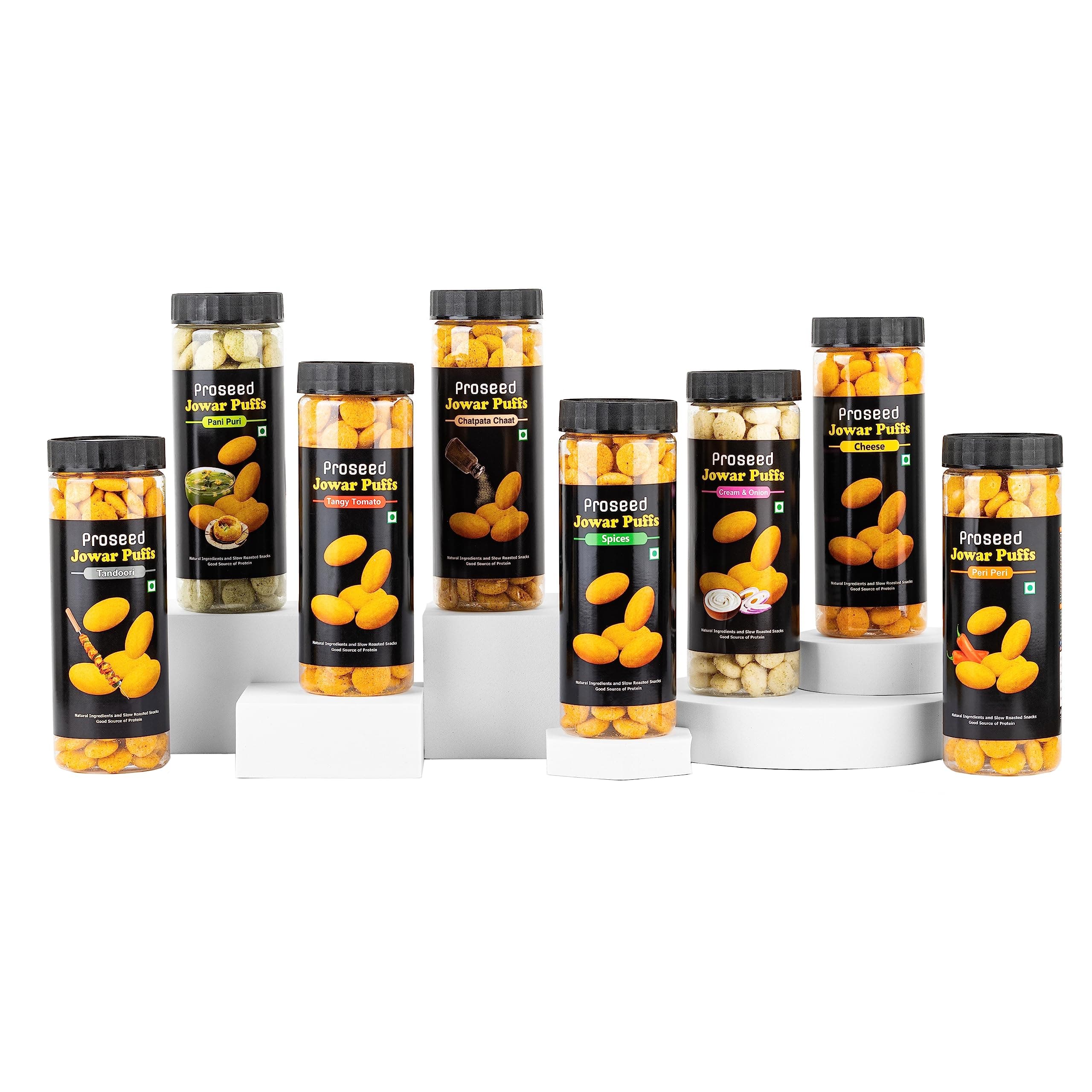 Proseed Jowar Puffs (Assorted Pack) | 50g x 8 Packs (Total 400g) | Slow Roasted & 100% Veg | No Refined Flour, Sugar & Trans-Fat | Gluten Free | No Palm Oil | Healthy Travel Friendly Millet Snacks