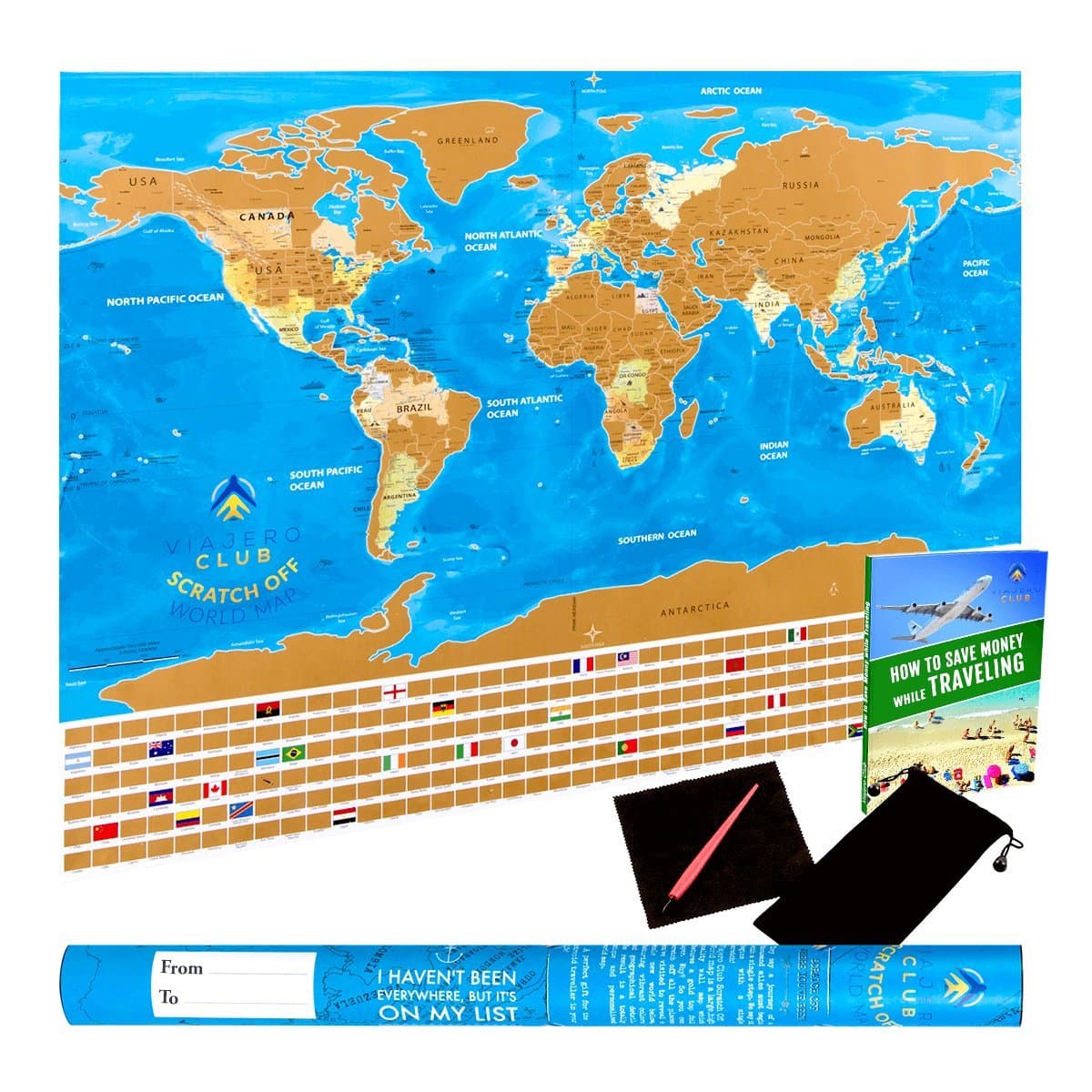Scratch Off World Map & Poster with Country Flags, US States Outlined in Glossy Finish, Large 32.1 x 22.6 Inches, with Scratcher Pen, Wiping Cloth in Customized Gift Tube, Perfect Gift for Travellers