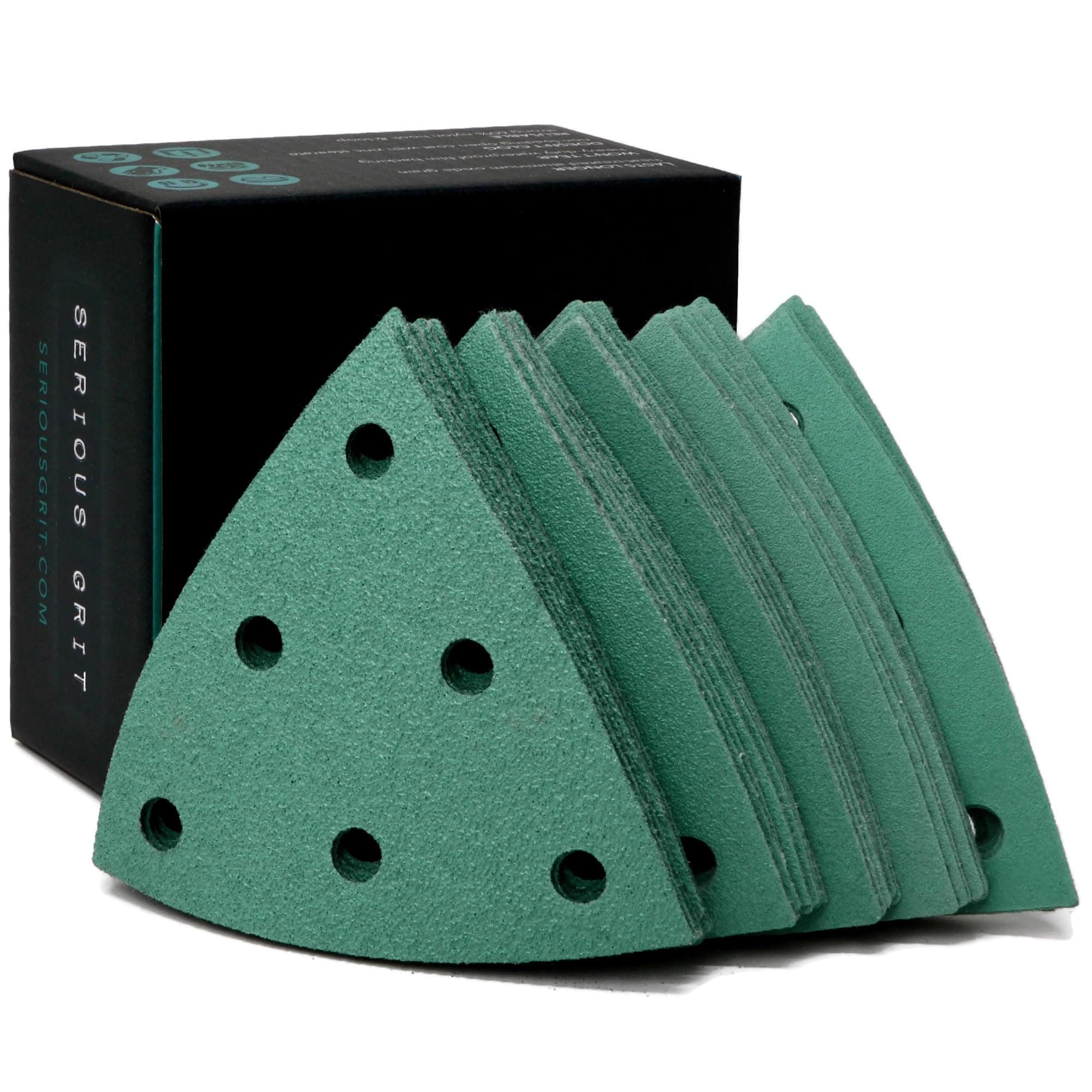 Serious Grit - 3.5-Inch (93mm) Triangle Sanding Sheet Assortment - 80, 120, 150, 180, 220 Grit (10 of Each) - Fits Festool Rotex RO 90 Delta - Hook & Loop Sandpaper for Detail Sanders - 50 Pack Box