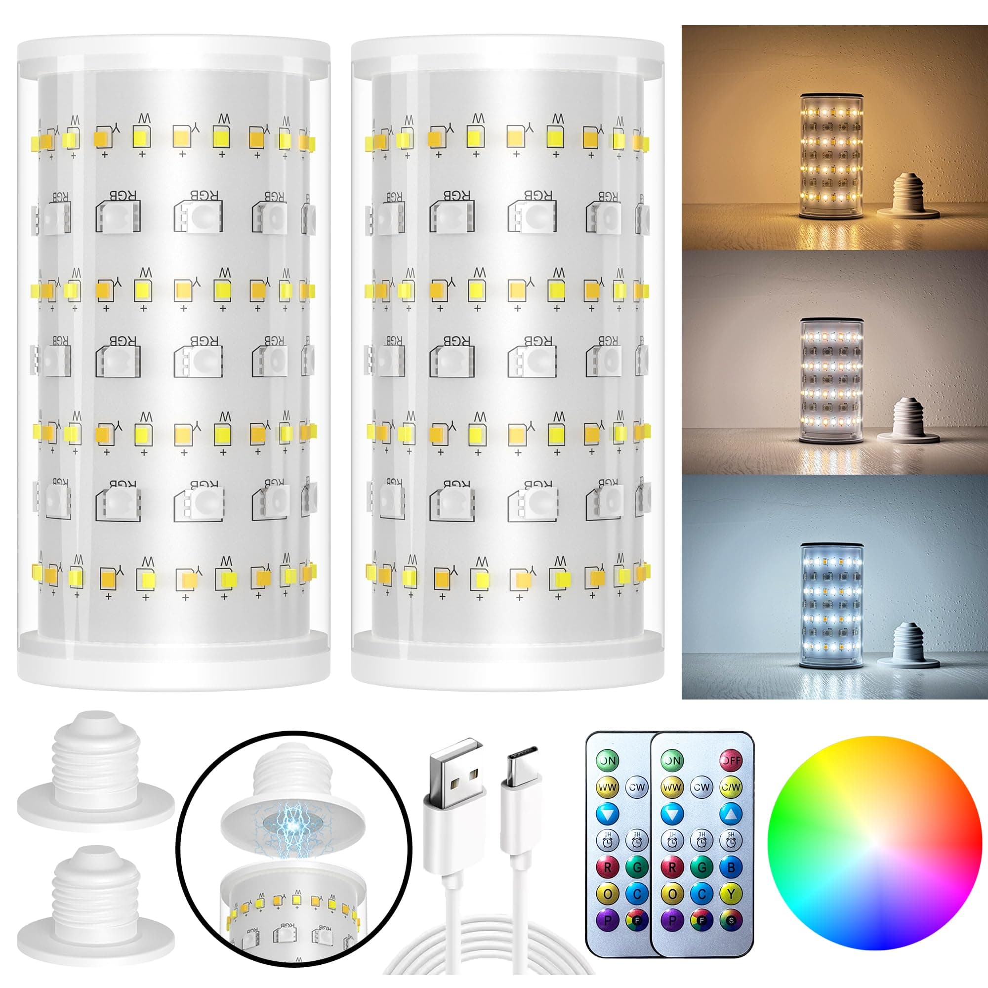 2 Packs Rechargeable Emergency Light Bulbs with Remote and Timer, 10000 mAh Battery Operated Light Bulb For No-Hardwired Fixture, RGB Dimmable Wireless Light Bulbs For Home Power Outage Hurricane