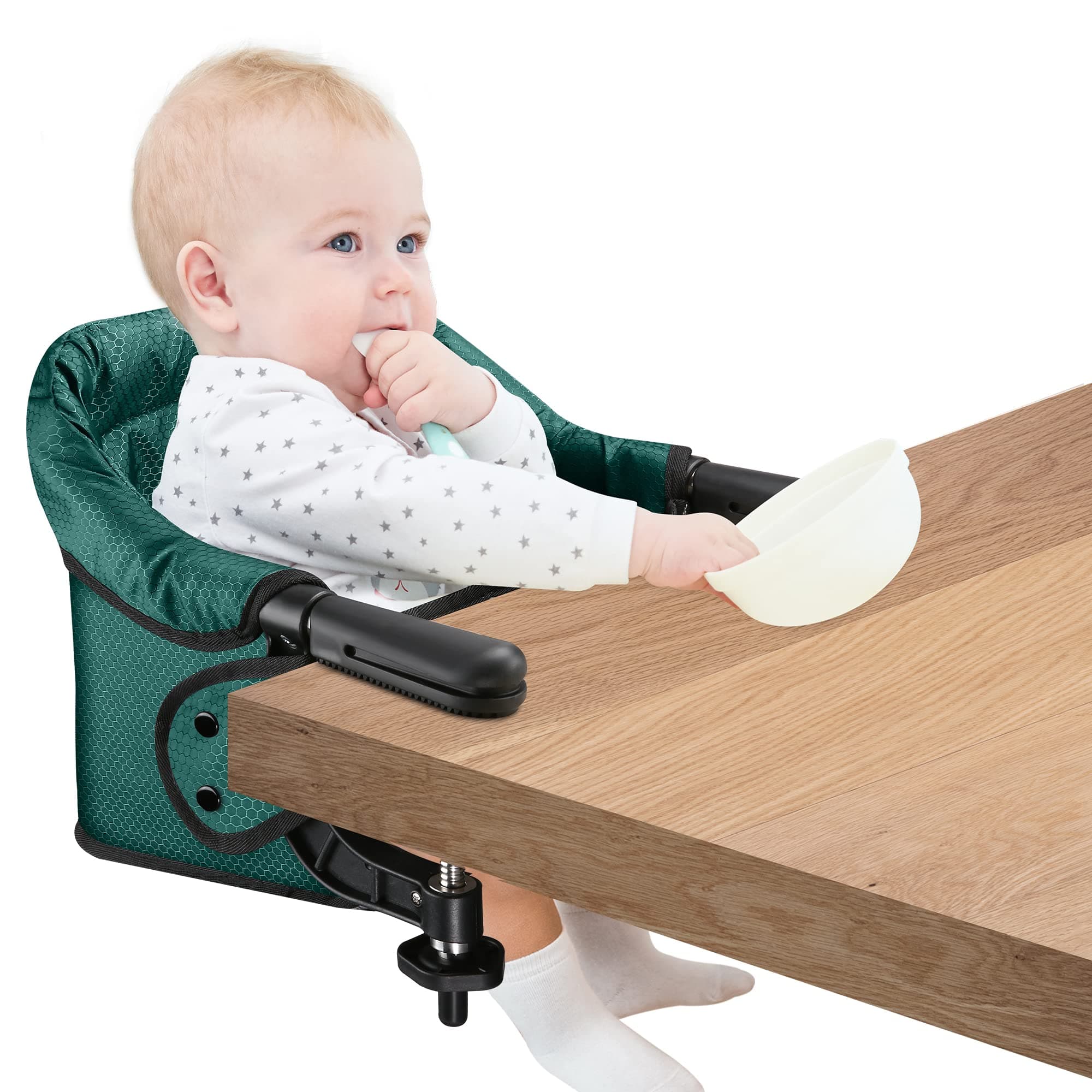 Hook On Chair, Safe and High Load Design, Fold-flat Storage and Tight Fixing Clip on Table High Chair, Machine-Washable and Avoid Cracking Fabric, Removable Seat Cushion, Fast Table Chair (Dark Green)
