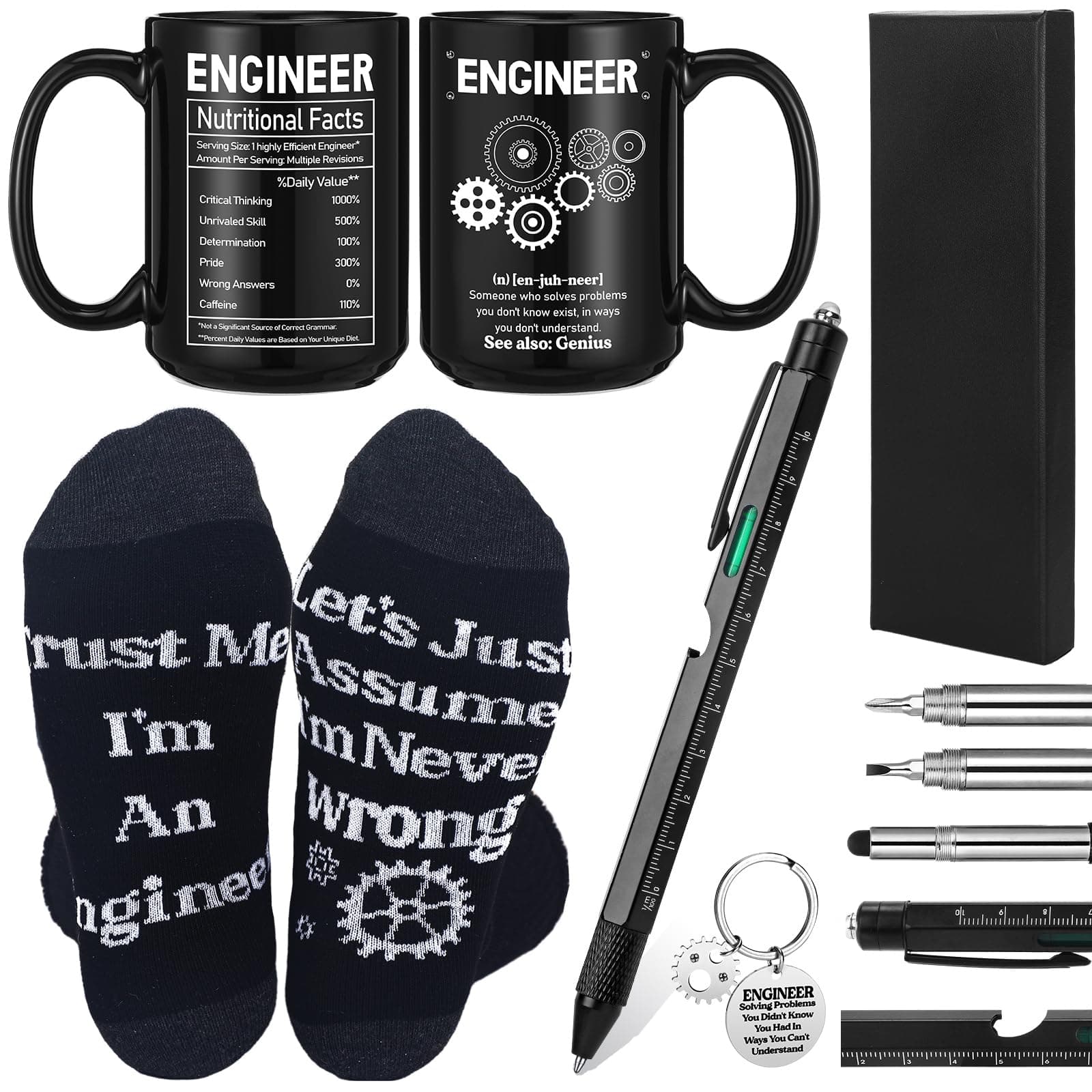 Panitay Engineer Gifts Set for Men 9 in 1 Multi Tool Pen 14 oz Engineer Coffee Mug Keychain Sock Gadget Birthday Retirement Employee Spirit Month Gift for Father Mechanical Electrical