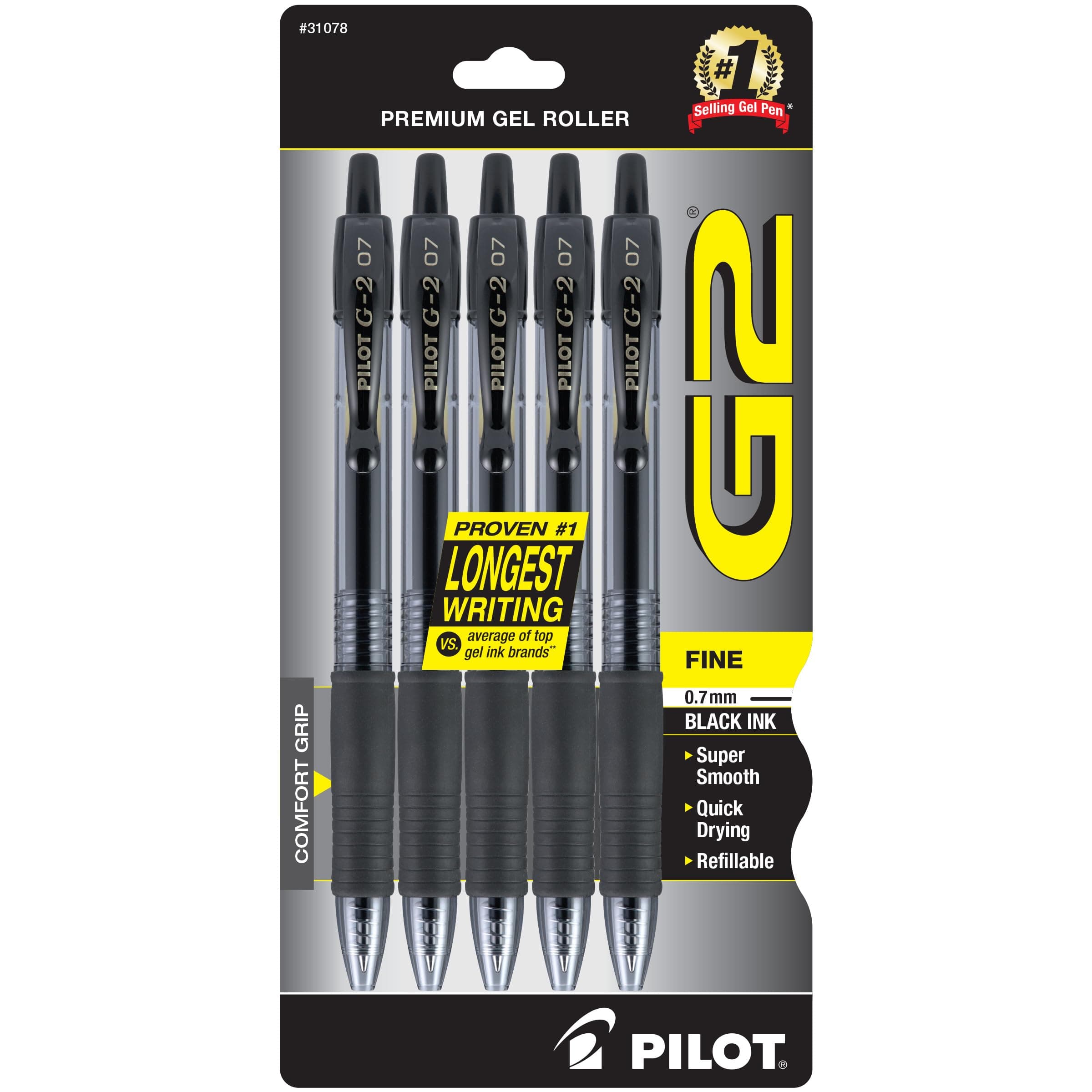 PILOT, G2 Premium Gel Roller Pens, Fine Point 0.7 mm, Black, Pack of 5