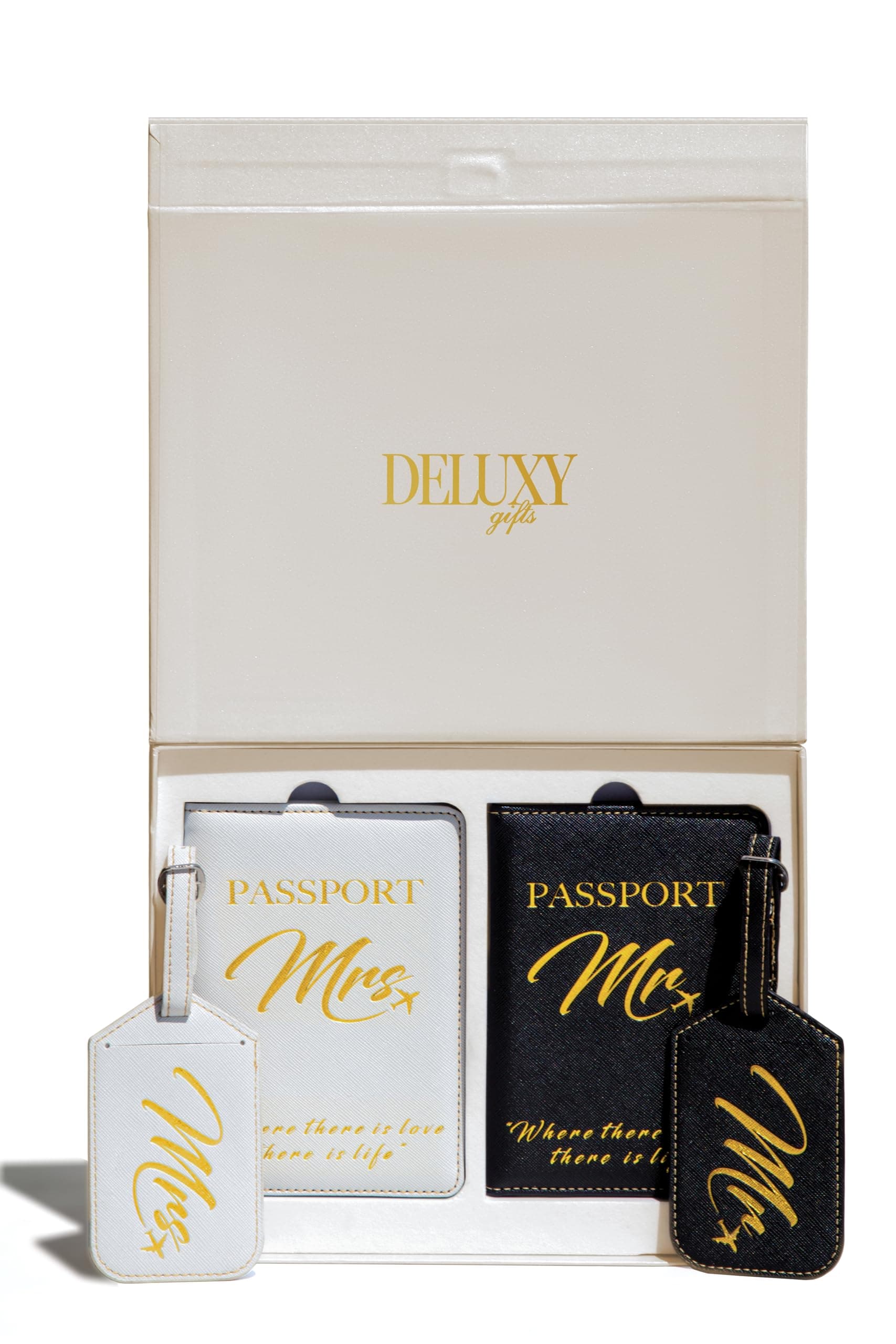 DELUXY Mr & Mrs Luggage Tags & Passport Holder Set - Wedding Gift for Couple, Newlywed Gifts, His & Hers, 4 Count, White Box
