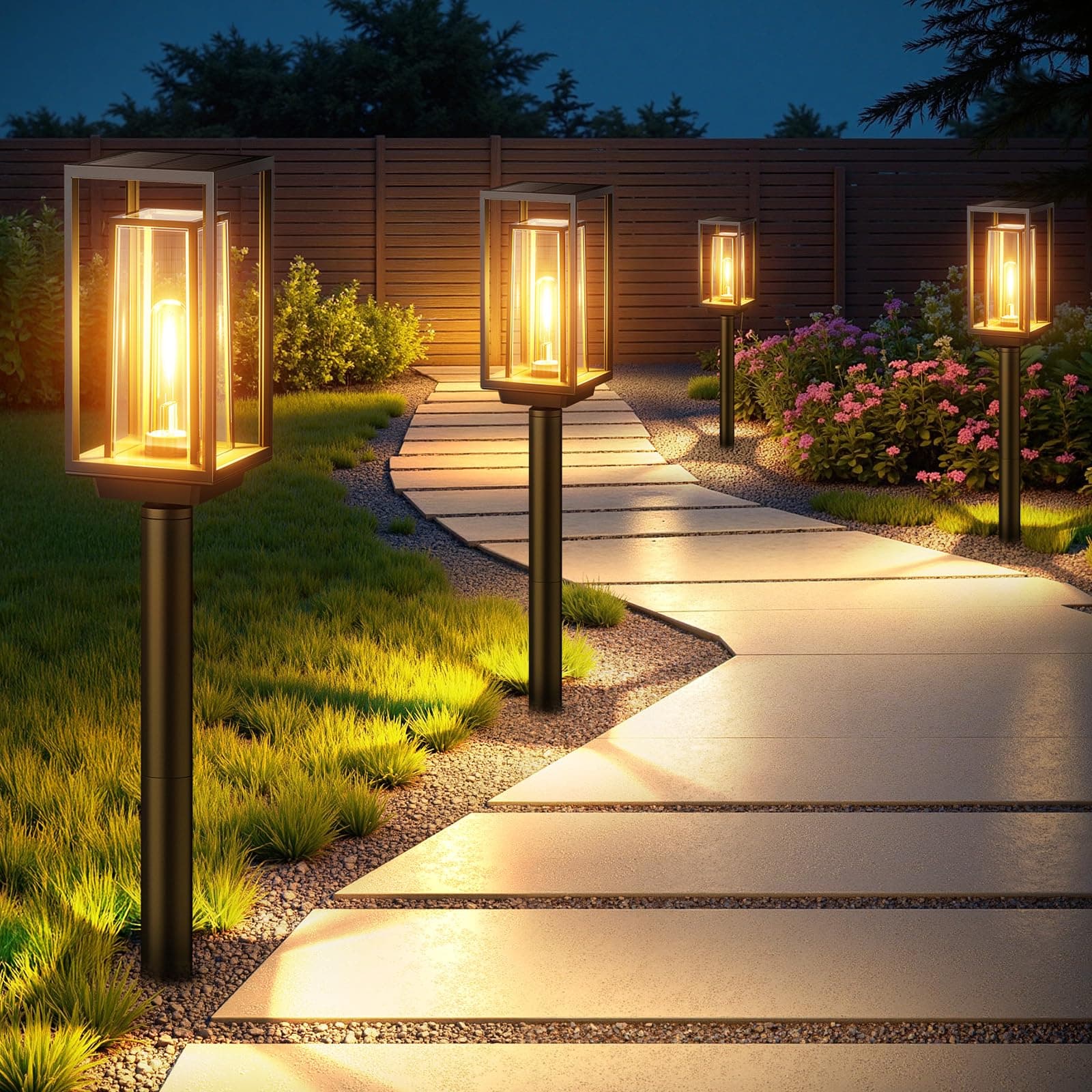 Solar Pathway Lights Outdoor Waterproof, 4 Pack Large Solar Lights Outdoor, Auto On/Off, Over 12 Hours Runtime, Garden Lights Solar Powered, Lighting for Path Yard Walkway Driveway Decor
