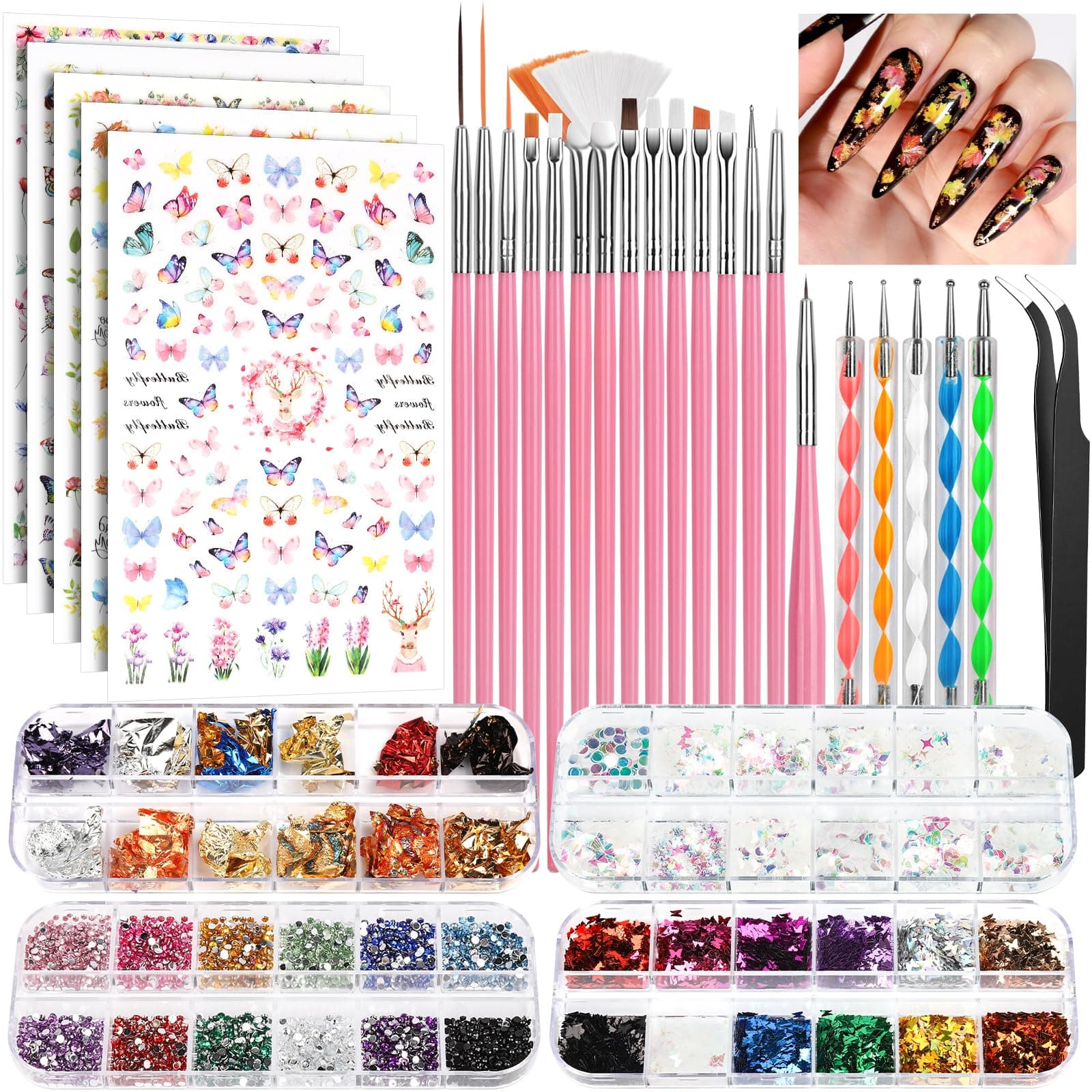 Nail Art Brushes Set, FANDAMEI Nail Design Kit, Nail Art Dotting Pens, Nail Stickers, Butterfly Nail Art Sequins, Nail Foils, Nail Art Flakes Iridescent, Rhinestones For Nails