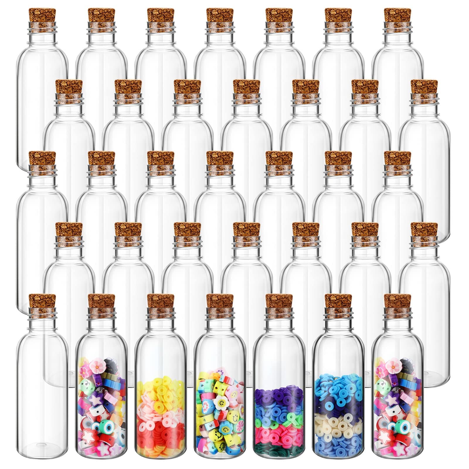 Lounsweer 50 Pack 2 oz Clear Plastic Sand Art Bottles with Cork Stoppers Sand Art Containers Jar with Lid Mini Potion Bottles for DIY Wedding Party Favors Wish and Message Bottle(Wood Color)