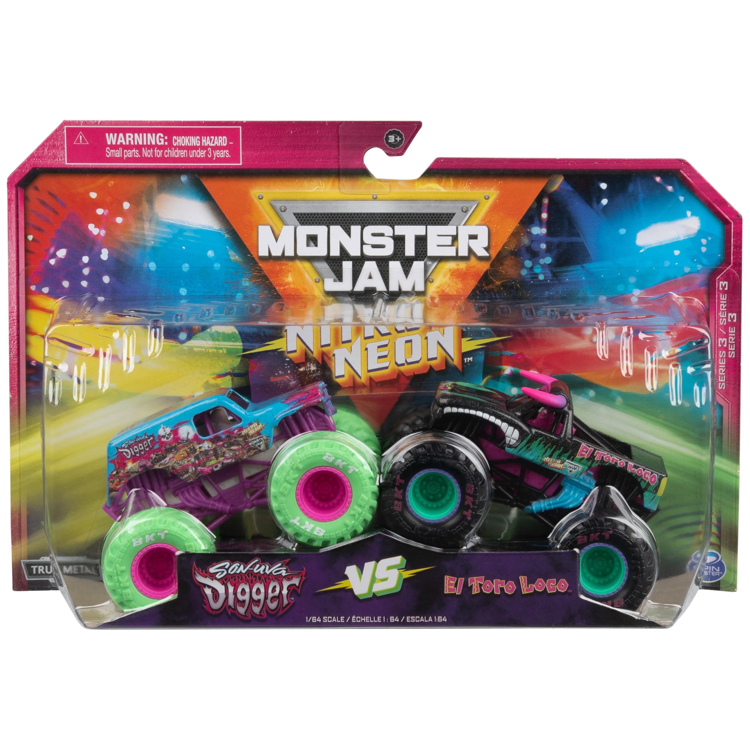 Monster Jam, Official Nitro Neon, Son-uva Digger Vs. El Toro Loco, 1:64 Scale Die-Cast Monster Trucks, Kids Toys for Boys Ages 3 and up