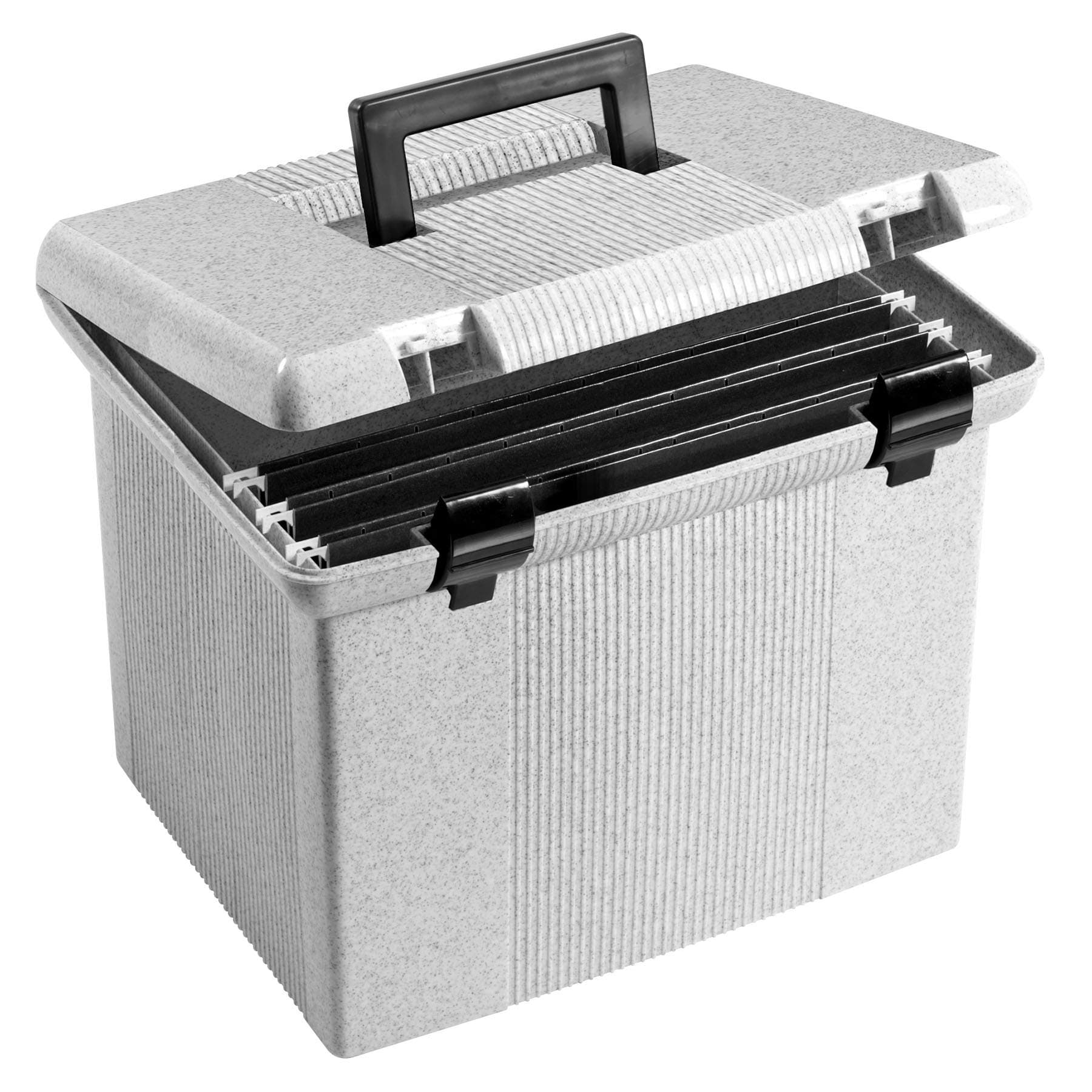 Portable File Box with File Rails, Hinged Lid with Double Latch Closure, Granite, 3 Black Letter Size Hanging Folders Included (41747AMZ)