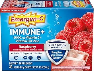 Immune+ Triple Action Immune Support Powder, BetaVia (R), 1000mg Vitamin C, B Vitamins, Vitamin D and Antioxidants, Raspberry – 30 Count