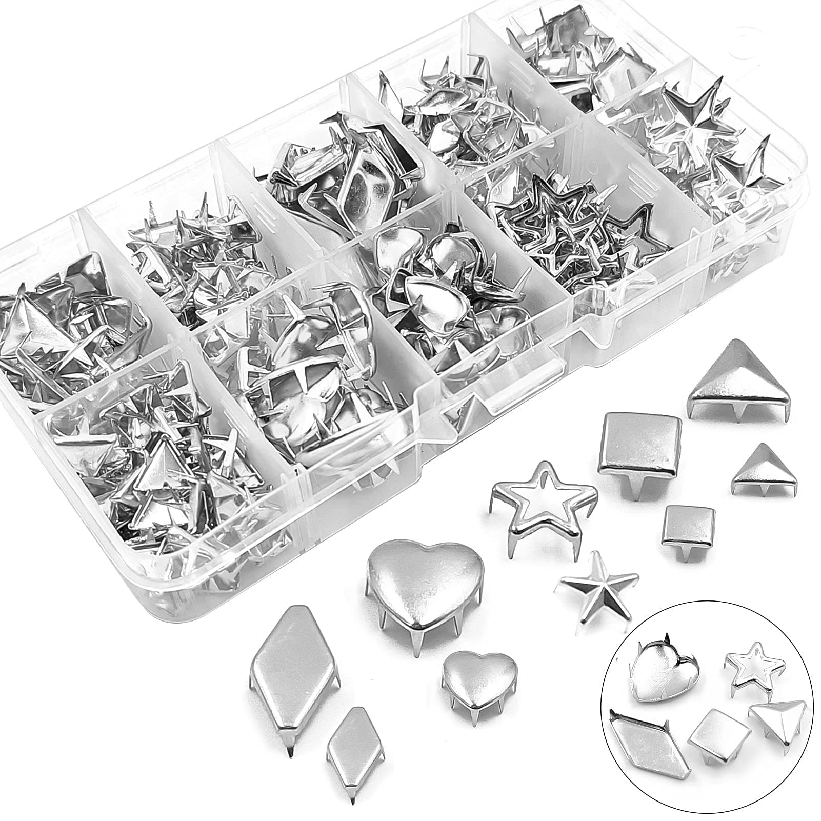 ACTENLY 180pcs 5 Style Mixed Shape Kit Including Nailhead Triangle/Pyramid Shaped/Diamond/Heart/Star Punk Studs Rivet for Punk Leather Craft Clothes Belt Bag Shoes Jewelry Decorations (Silver)