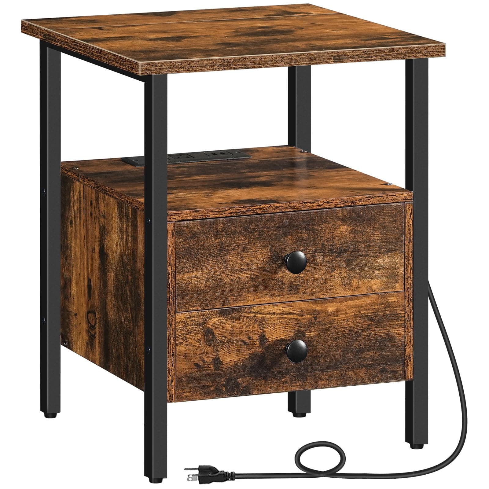 HOOBRO End Table with Charging Station, Bedside Table with 2 Drawer & USB Port & Type-C Port, Nightstand for Small Spaces, Stable and Sturdy, for Living Room, Rustic Brown BF43UBZ01