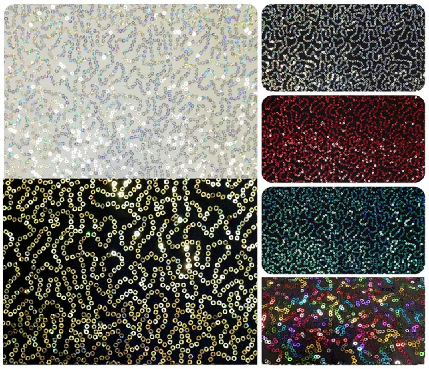 3mm Mini Holographic Sequins Swirl Pattern on Stretch Knit Jersey Polyester Spandex Fabric by The Yard (Silver/White)