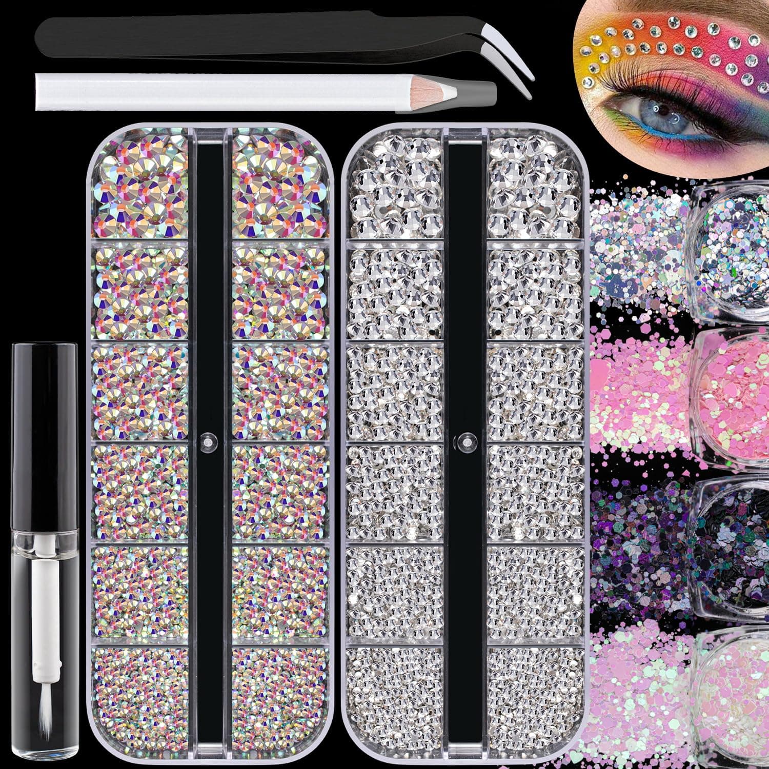 2500pcs Face Gems for Makeup with Glue, 2-5mm Round Glass Crystal AB + Clear Rhinestones & 4 Colors Cosmetic Chunky Glitter with Tweezer + Picker Pencil, Eye Jewels for Body Hair Make-up, Nail Art