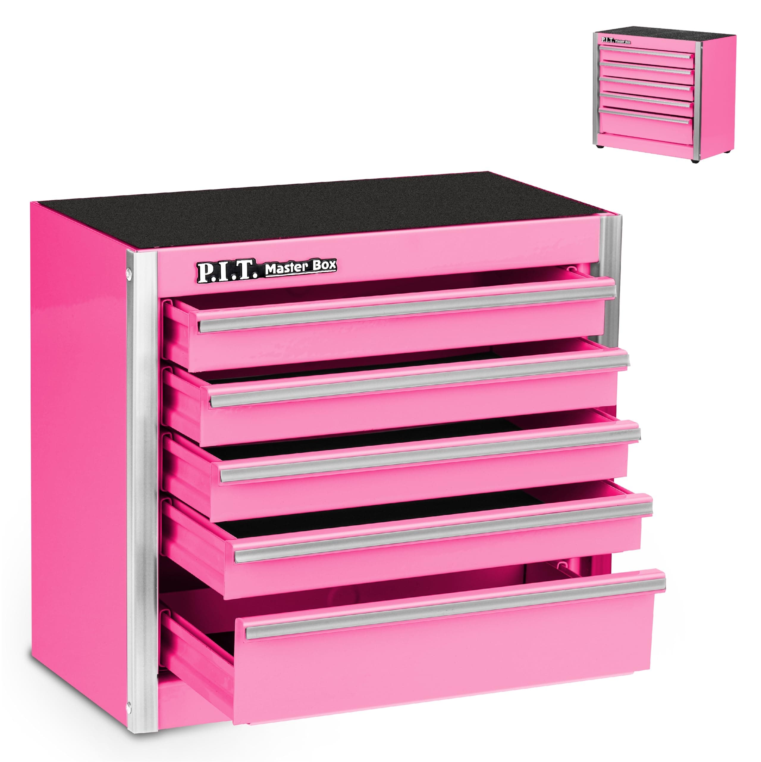 P.I.T. Mini Pink Tool Box, Portable 5 Drawer Micro Roll Cab Steel Stacking Tool Box with Liner, Pink Small Tool Case, Tool Storage and Organizer for Home DIY
