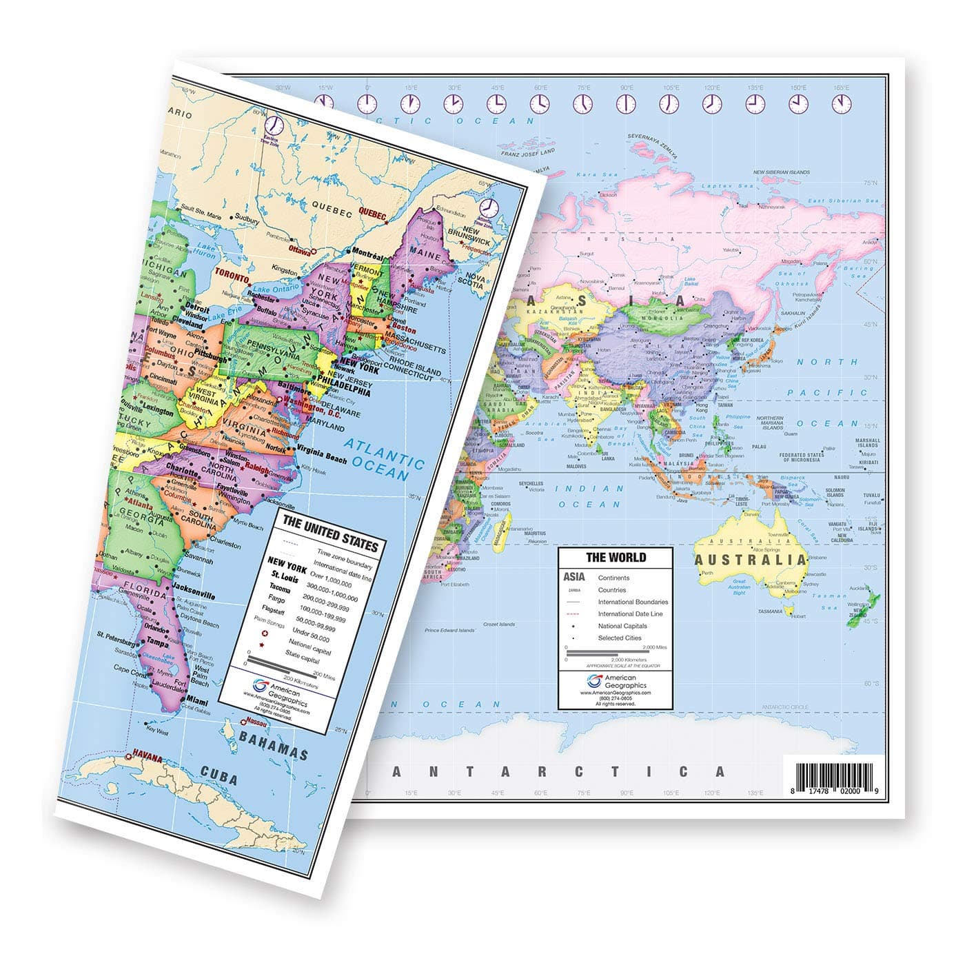 US and World Desk Map (13" x 18" Laminated) for Students, Home or Classroom Use by Lighthouse Geographics