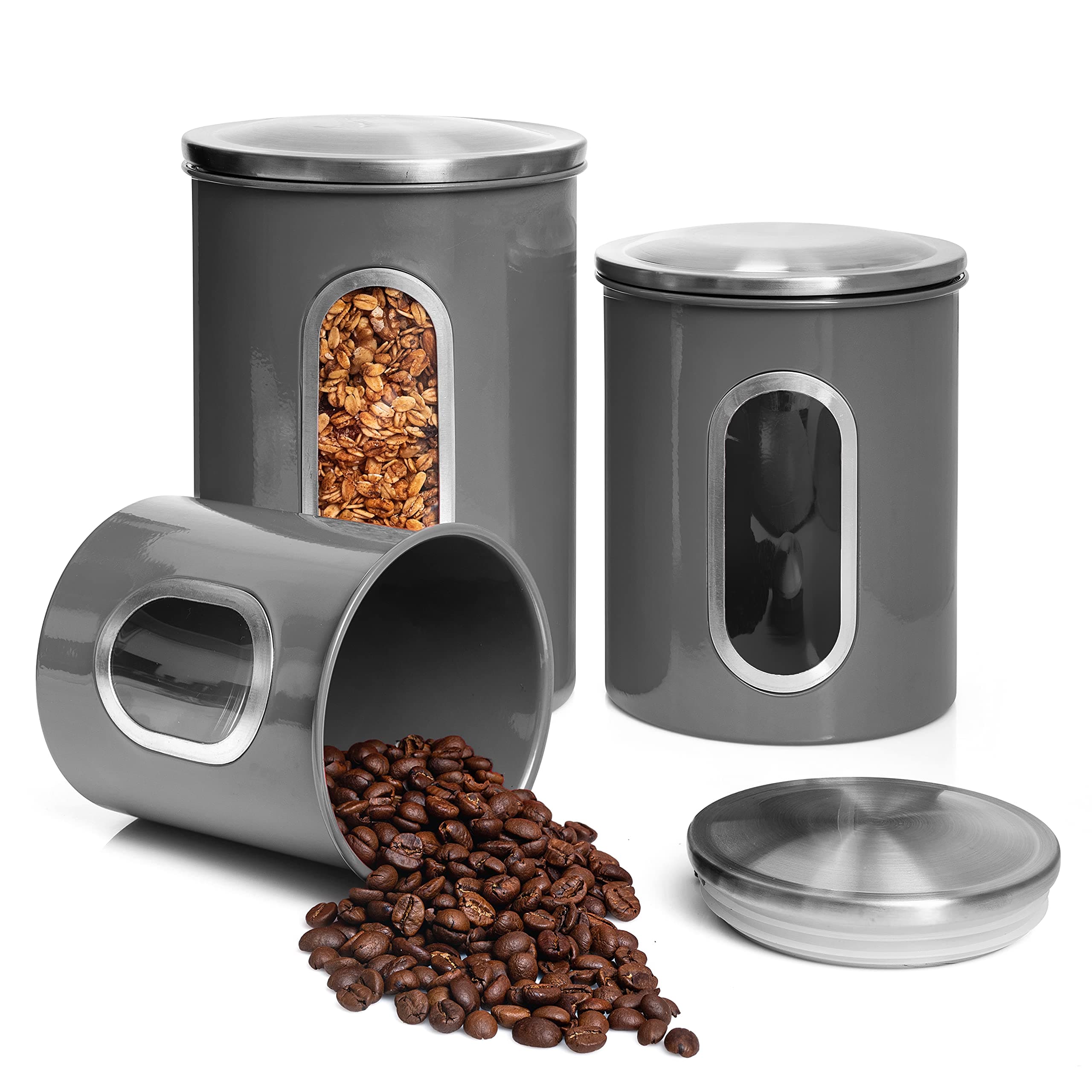 3-Piece Gray Canisters Sets For The Kitchen, Airtight Canister Set With See Through Window, Storage Jars for Coffee Container, Tea Organizer & Sugar Canister, Gray Kitchen Canisters