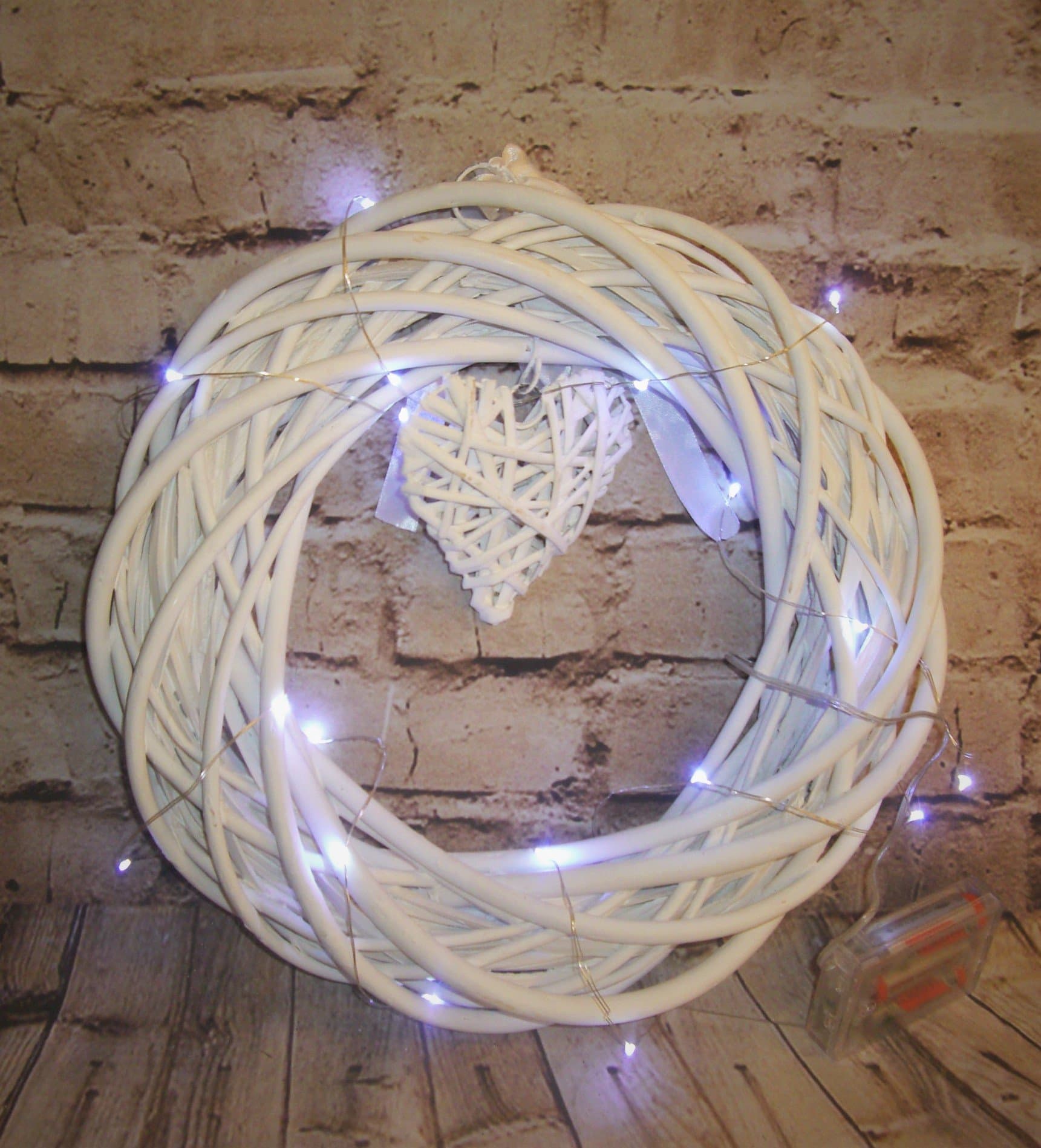 Link Products Washed white Willow Wreath with Dangling Heart. Lights Up. 20 Free LED Battery Lights no batteries included