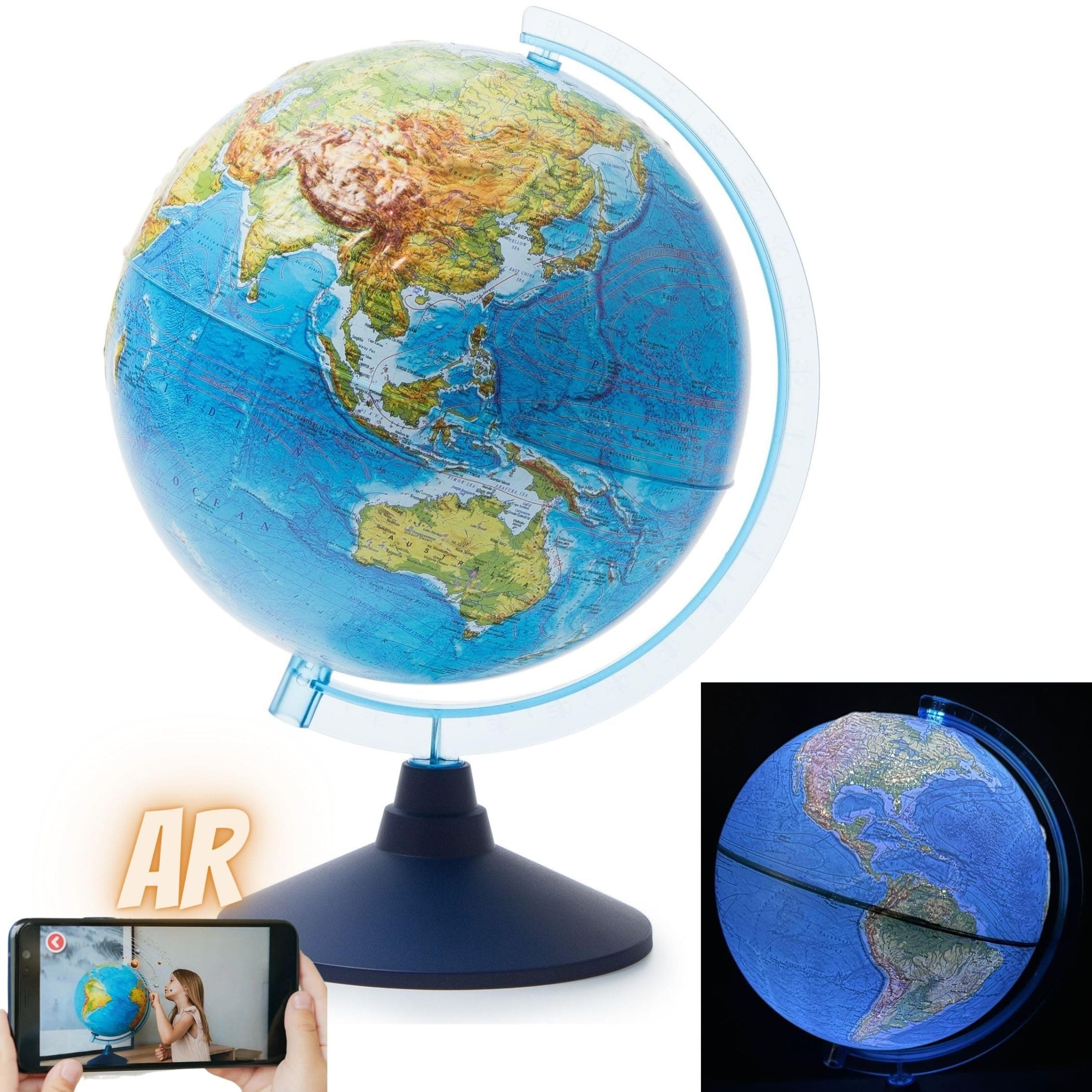 32cm Relief Globe Illuminated with Cable Free LED Light - AR Augmented Reality App iOS - Physical Map Day - Light Up Planet at Night