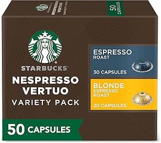 Starbucks by Nespresso Vertuo, Blonde & Dark Roast Variety Pack Coffee & Espresso, 50-count Coffee and Espresso Pods, Brews 7.8 oz and 1.35 oz.