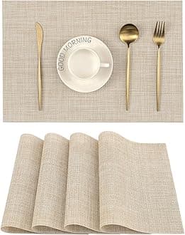Leetaltree Beige Placemats, Heat Resistant Non-Slip Place mats for Dining Table, Washable Durable PVC Vinyl Woven Table Mats (Set of 4)