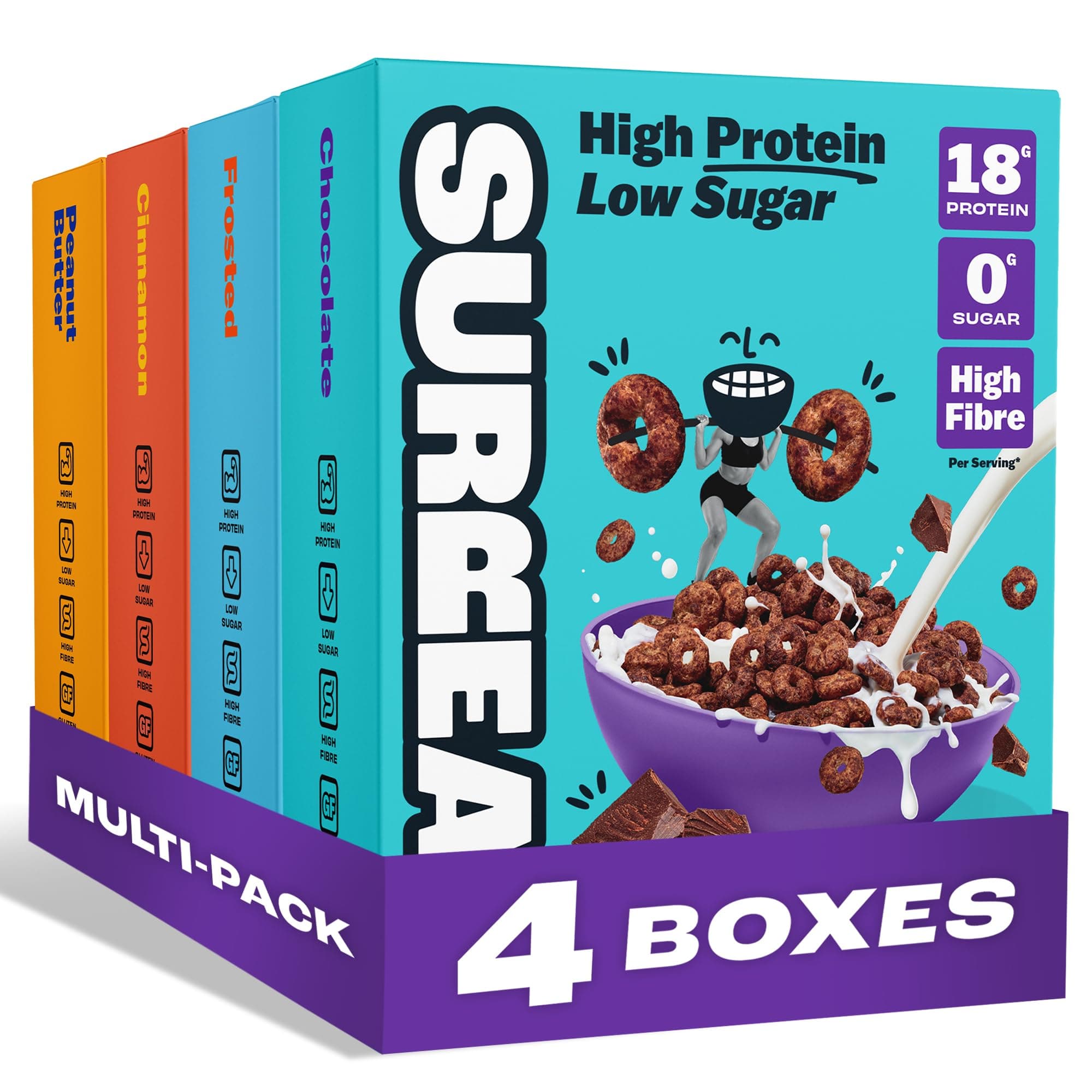 Variety Pack - High Protein Cereal – Zero Sugar- Healthy Plant Based Cereal - High in Fibre - Low Carb – Gluten Free - Vegan - 17-18g of Protein, 0g of Sugar - 240g per Box - 4 Pack (1 x each)