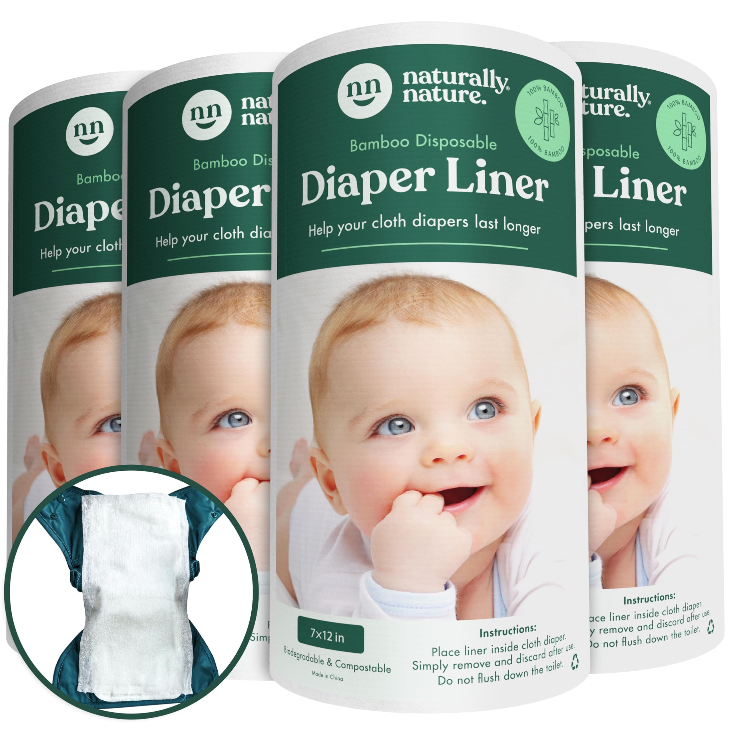 Naturally Natures Bamboo Diaper Liners 400 Sheets (4 Pack) Gentle and Soft, Chlorine and Dye-Free, Unscented, Biodegradable Inserts (Set of 4) 400 Liners