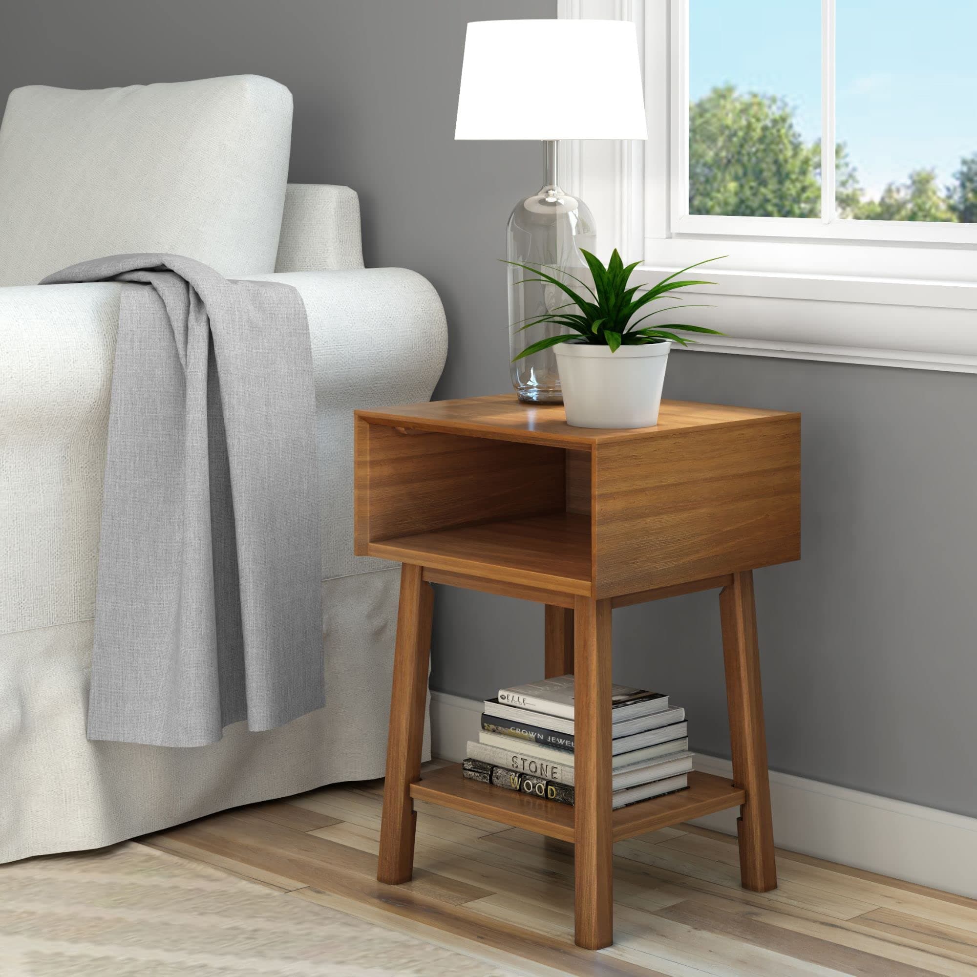 Plank+Beam Wooden Side Table with Cubby Storage Shelf, Mid Century Modern End Tables for Living Room, Small Solid Wood Nightstand, Bedside Tables, Bedroom Furniture, Pecan