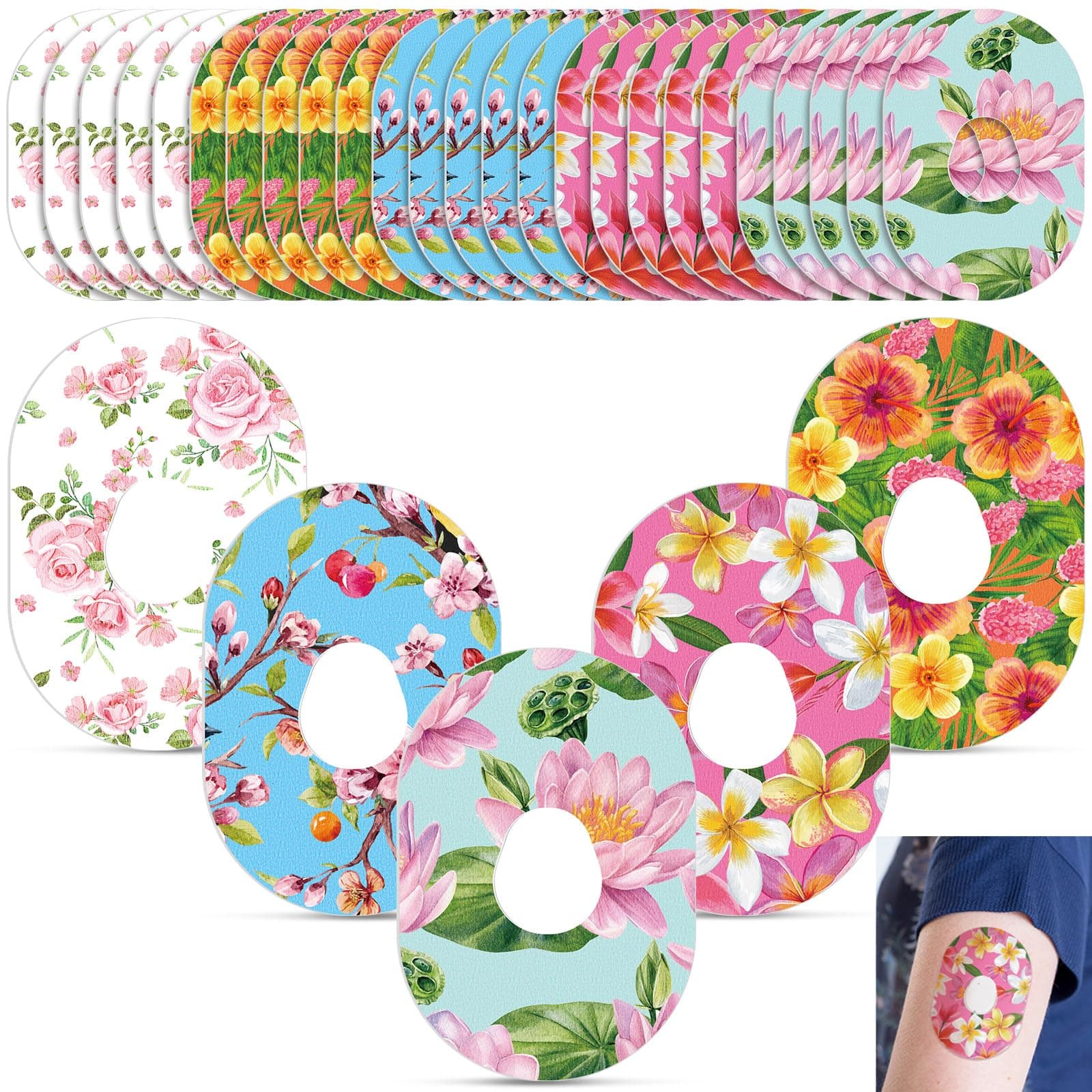 Panelee 25 Pcs Adhesive Patch Compatible with Dexcom Sweatproof Colorful Floral Variety Pre Cut Adhesive Tape, Glucose Monitor Protection (G7)