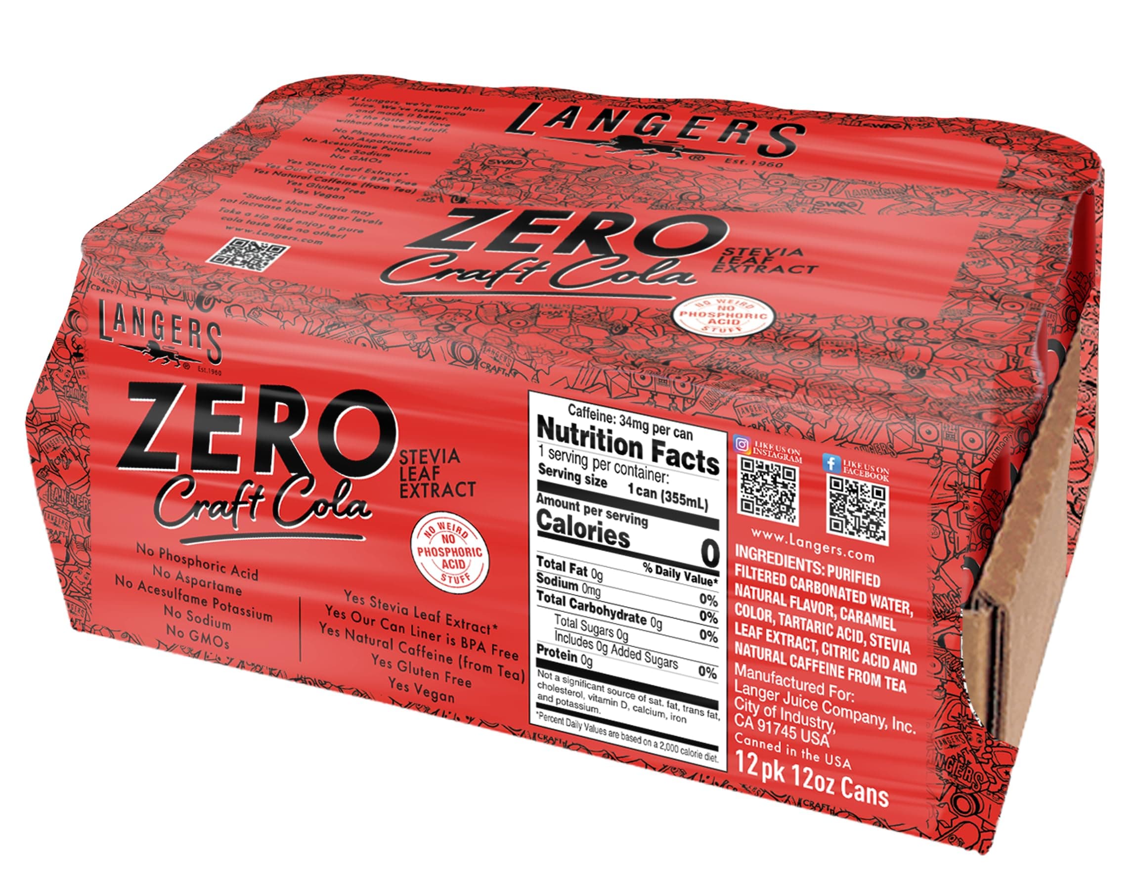 Langers Zero Craft Cola with Stevia, No Weird Stuff, 12 Fl Oz (Pack of 12)