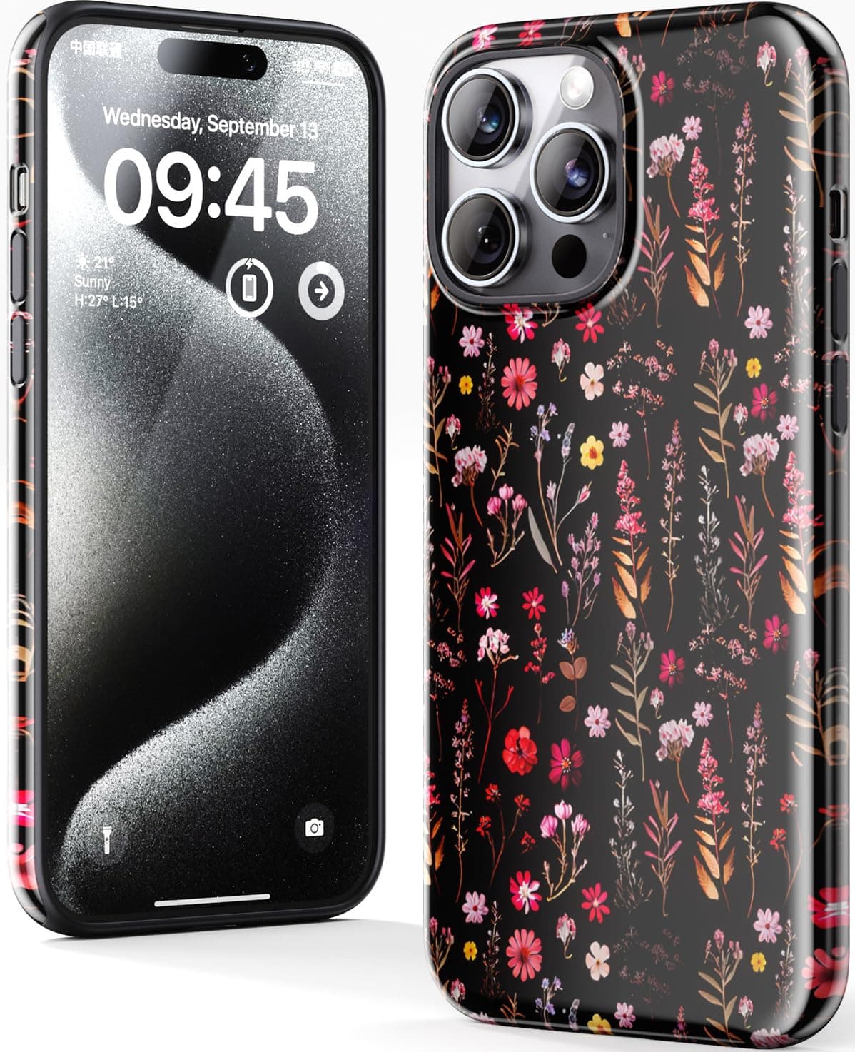 DorisMax for iPhone 15 Pro Case - Wireless Charging Compatible - Dual-Layer Hard Shell + Silicone Cover - Shockproof Protective Phone Case with Cutee Designs for Women - Colorful Wildflowers