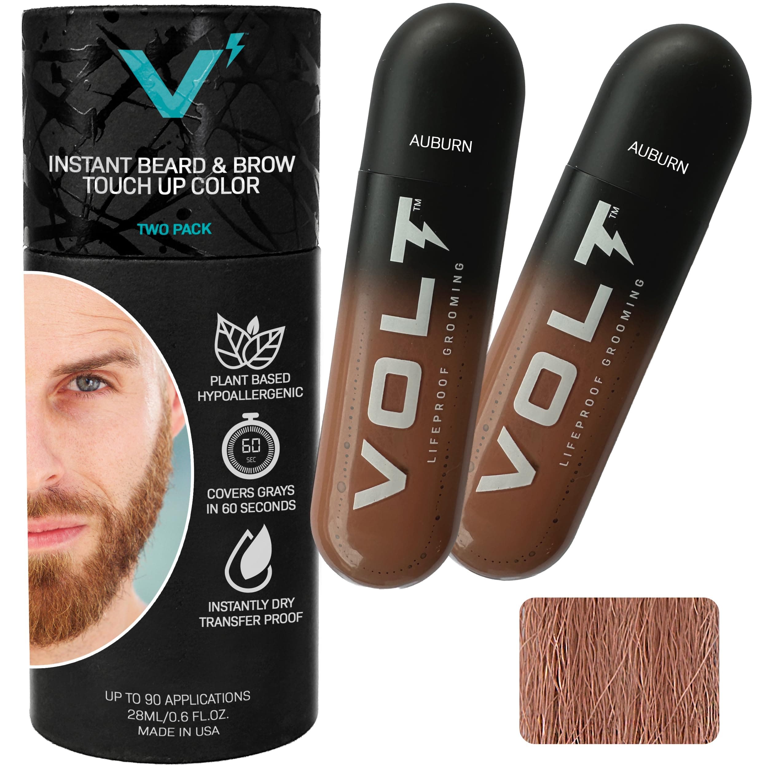 VOLT Grooming Temporary Instant Beard Color for Men, Quick Drying Plant-Based Brush On Beard, Hair, Mustache & Eyebrow Color, Safe for Sensitive Skin, Auburn Red, 2-Pack Refill, 90+ Applications