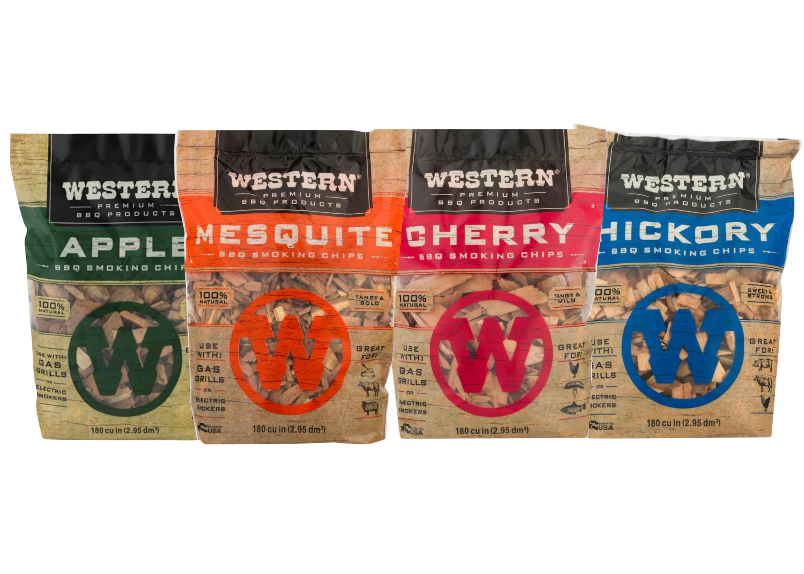 Western BBQ Smoking Wood Chips Variety Pack Bundle (4)- Apple, Mesquite, Hickory, and Cherry Flavors