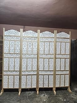 Wooden Room Divider Partition - Foldable Wood Screen Separator for Living Room, Bedroom, Office, Restaurant - Kangra Badrun, Natural & White (4 Panel with Stand)