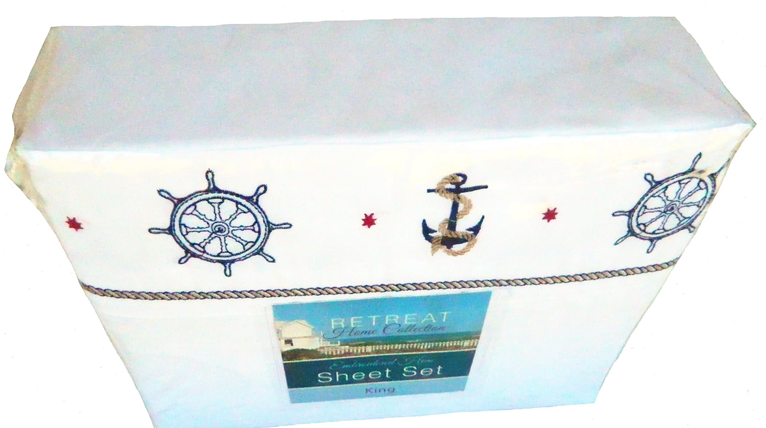 4pc Queen Size Embroidered Hem Nautical Theme Sheet Set