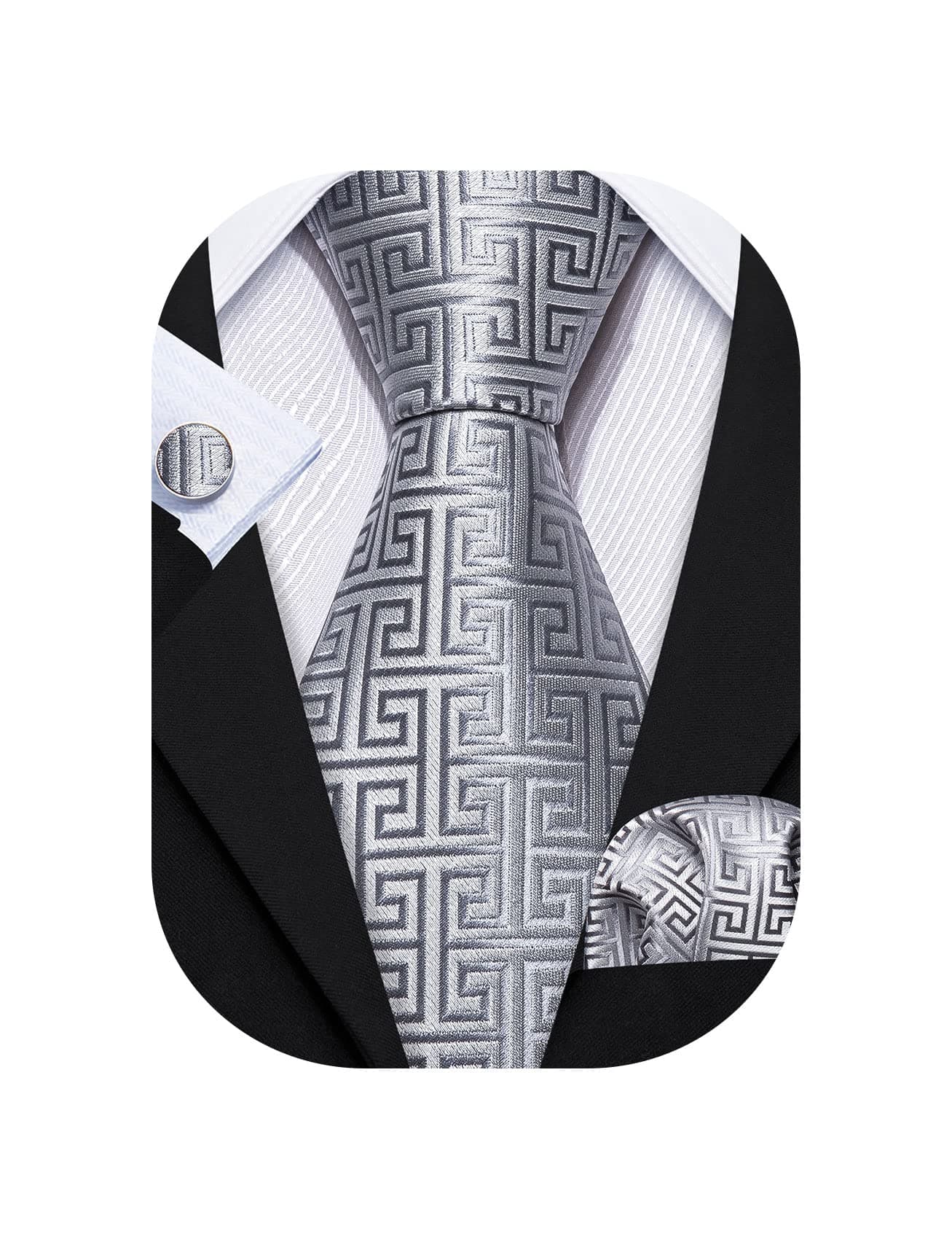 Barry.Wang Men Ties Silk Necktie Set Formal Solid Handkerchief Cufflinks Woven Wedding Business
