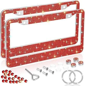 Bling License Plate Frames for Women 2 Pack, Rhinestone Crystal License Plate Cover with Bolts Washer Caps Univerasl Bling Car Accessories for Girls (Red)
