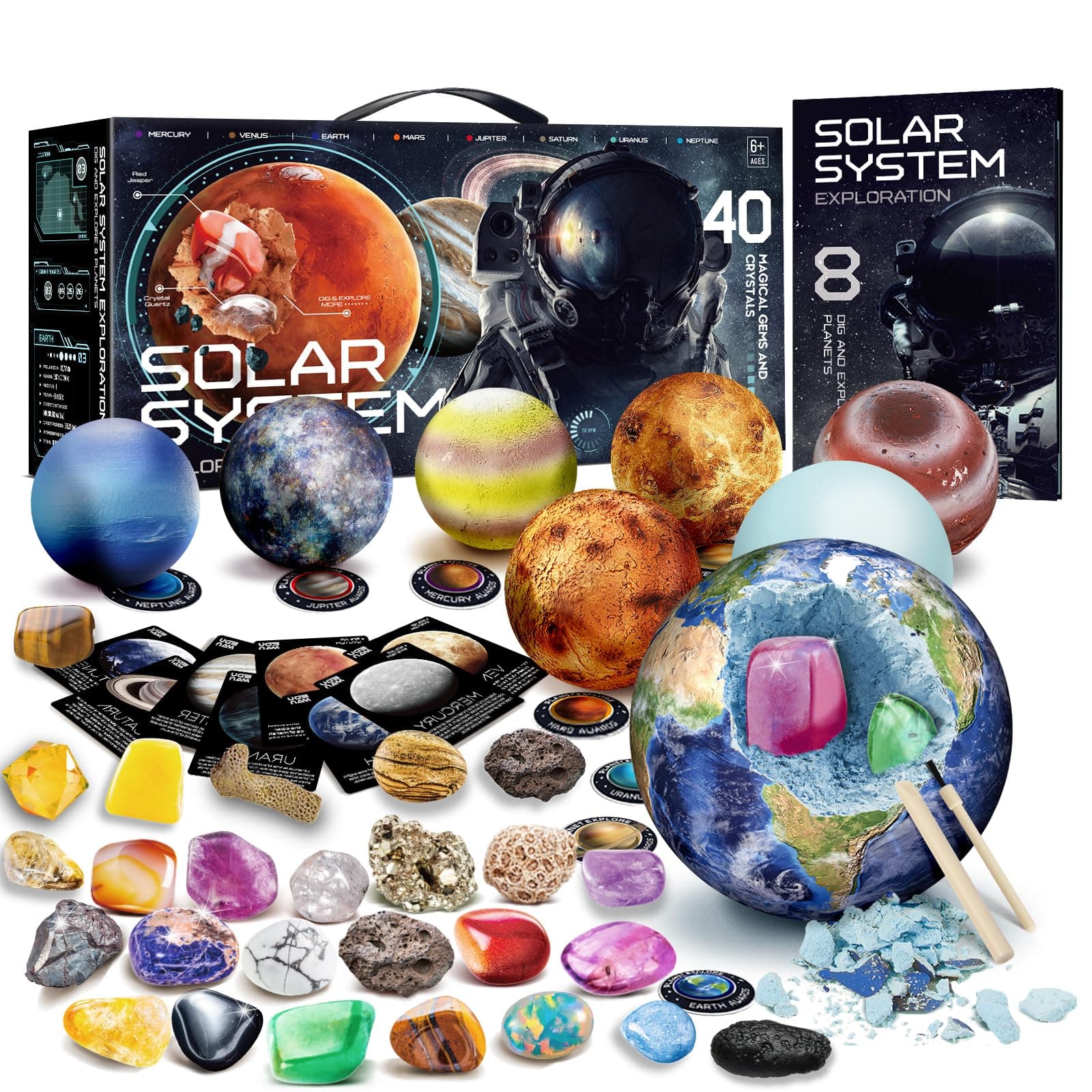 EDUMAN Gemstone Dig Kit - Dig It Up 40 Real Gems & Crystals with Mining Kit Tools, Solar System Eight Planets Toys for Kids Age 6+, STEM Science Educational Toys, Space Toys Ideal Gift for Boys Girls