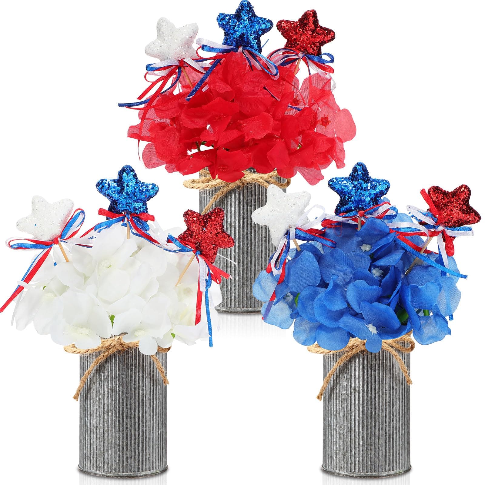 Maysing3 Sets Veterans Day Decoration Red White Blue Artificial Hydrangeas Flower with Vase Veterans Day Patriotic Table Decorations with Glitter Stars Picks for Home Office(Iron Color)
