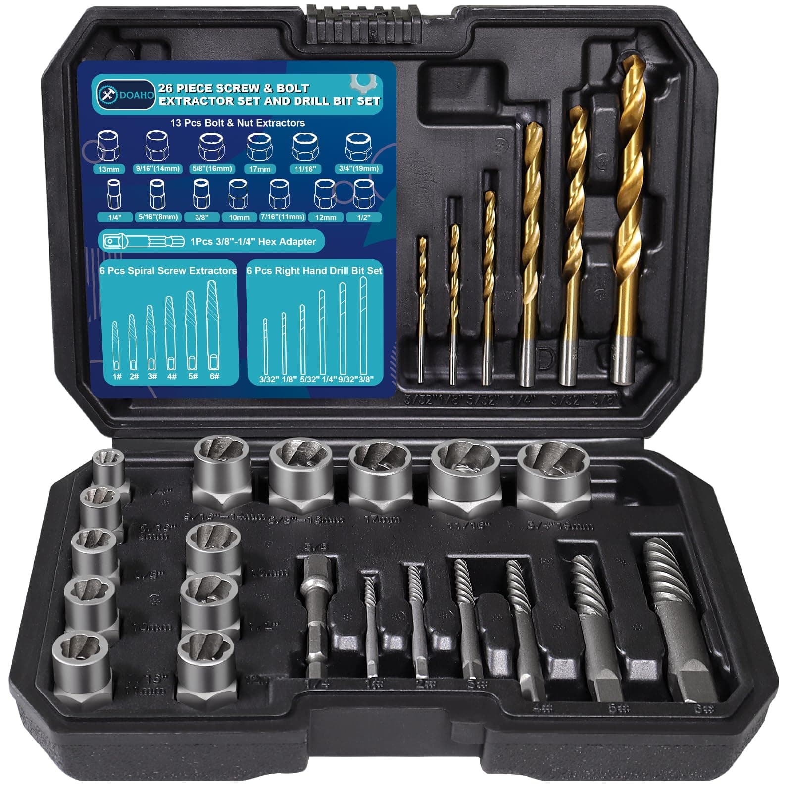 DOAHO 26 Piece Bolt Extractor Screw Extractor Set