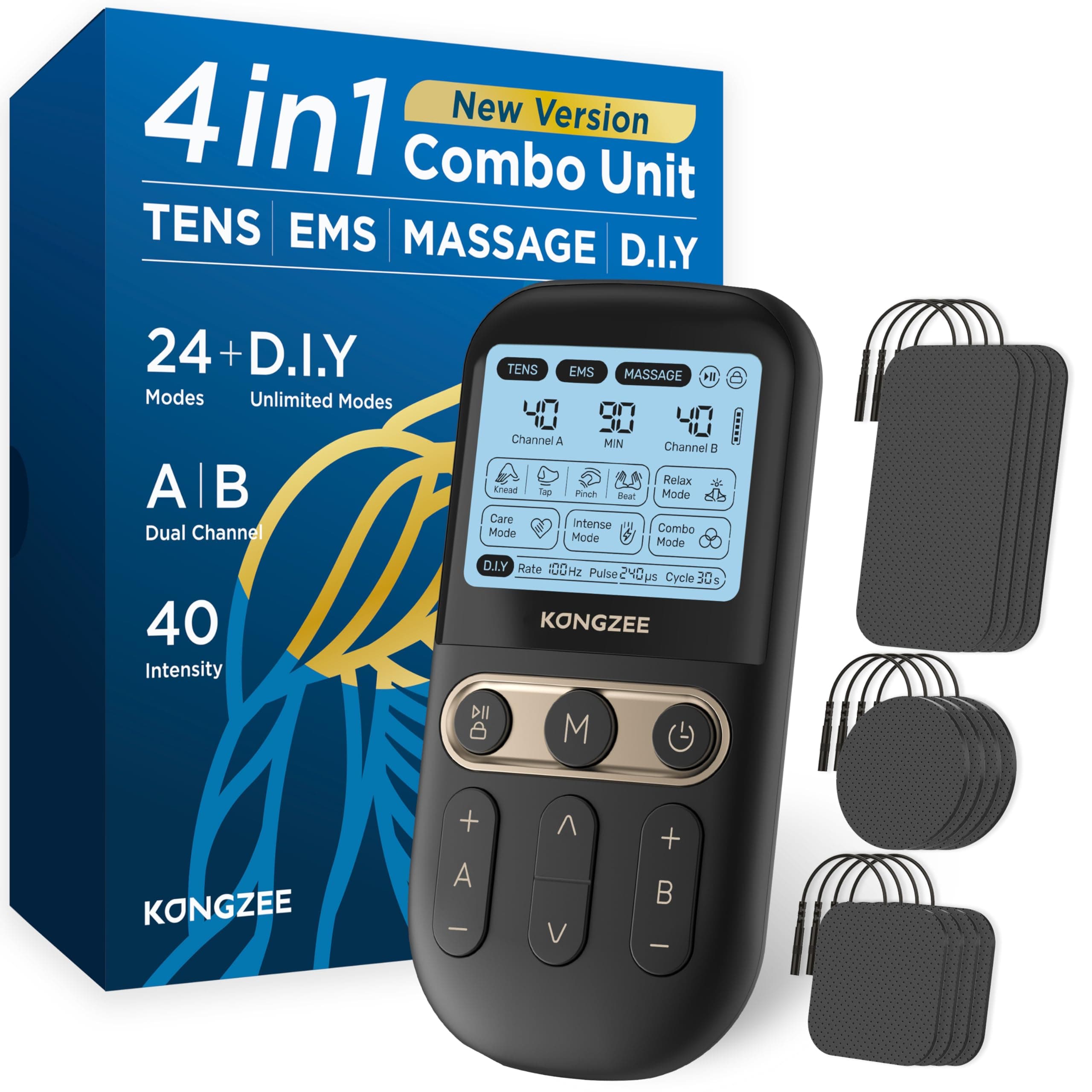 4 in 1 - D.I.Y & Tens Unit & EMS & Massage Muscle Stimulator, Dual Channel TENS Units Therapy Machine for Pain Relief (BLACK)