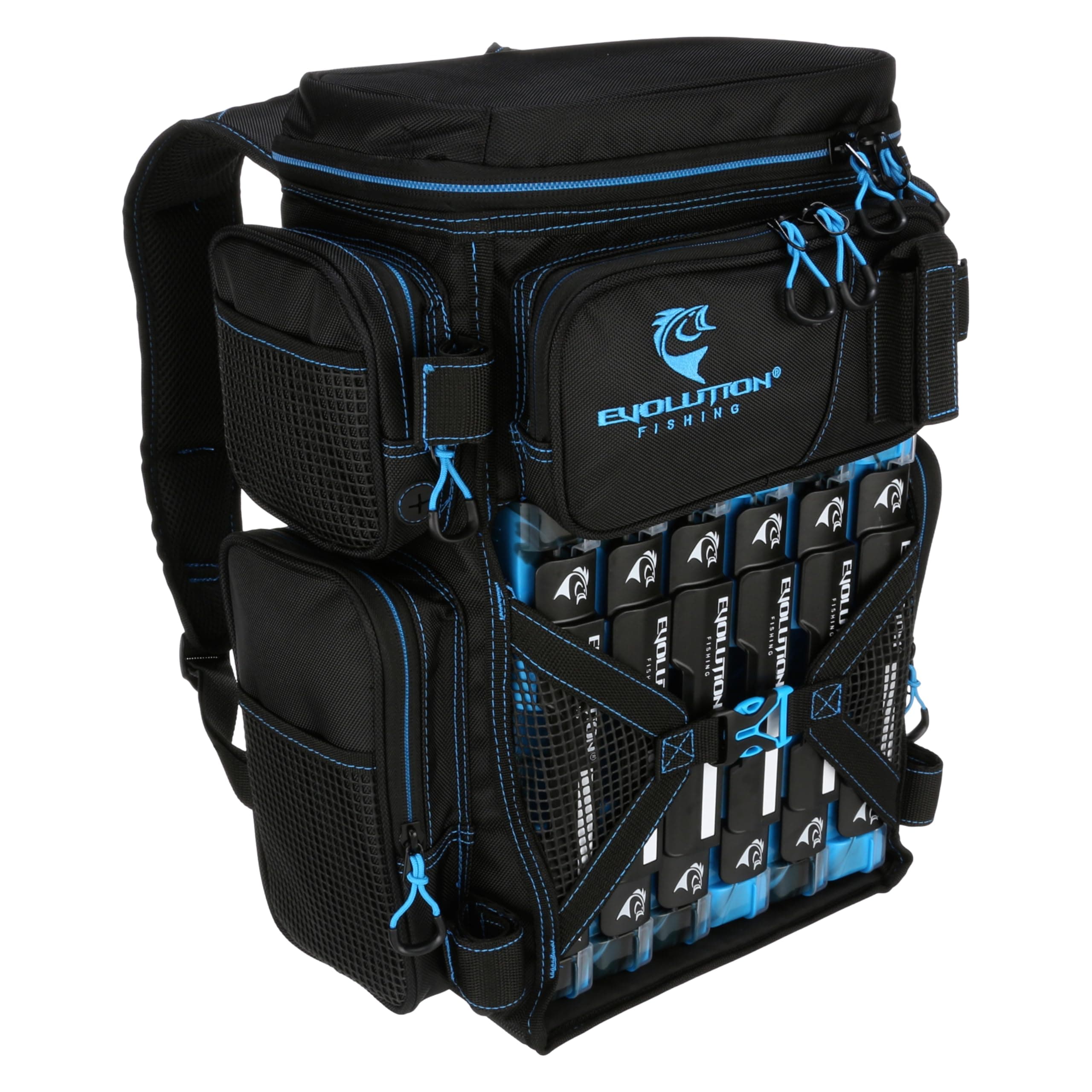 Evolution OutdoorFishing Drift Series Tackle Backpack – Blue, 3600 Size, Rucksack w/ 6 Fishing Tackle Trays, Built In Rain Fly, Heavy Duty Fishing Backpack, Tackle Carrying Case