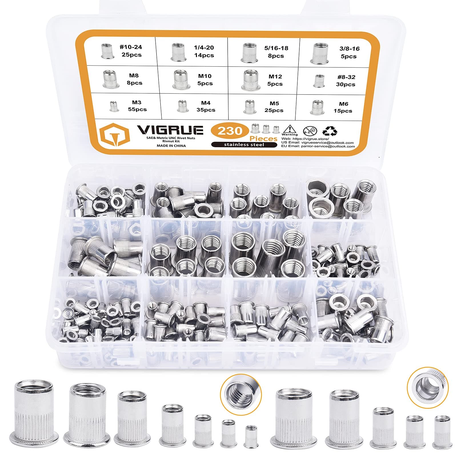VIGRUE 230PCS SAE & Metric Rivet Nuts UNC Nutserts Rivnut Assortment Kit, Flat Head Insert Nut Assort #8-32#10-24 1/4"-20 3/8"-16 5/16"-18 and M3 M4 M5 M6 M8 M10 M12 (304 Stainless Steel)