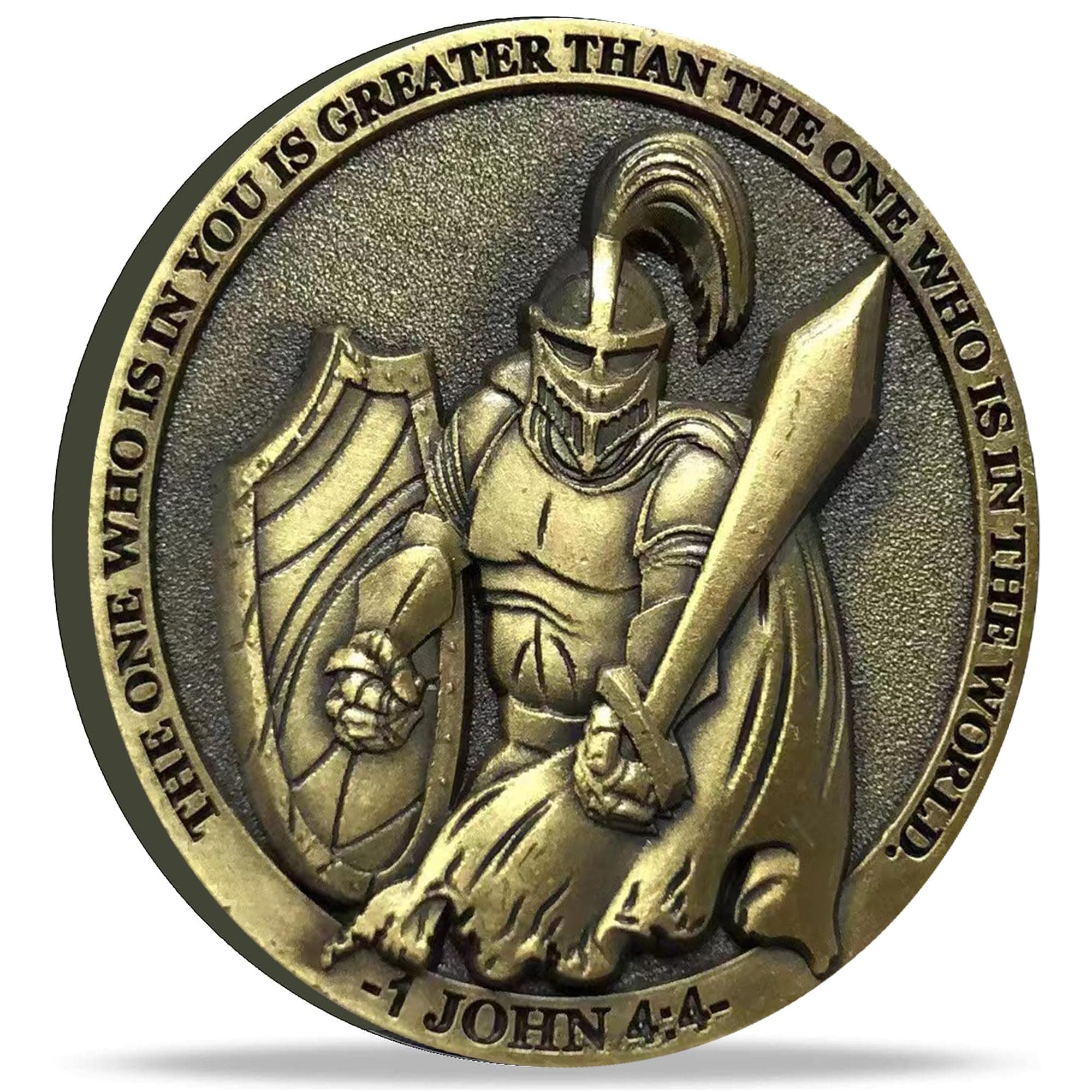 The Task Ahead Christian Challenge Coin Featuring A Fully Armored Warrior and Scripture John 4:4, Bible Verses Pocket Token (Single Coin)
