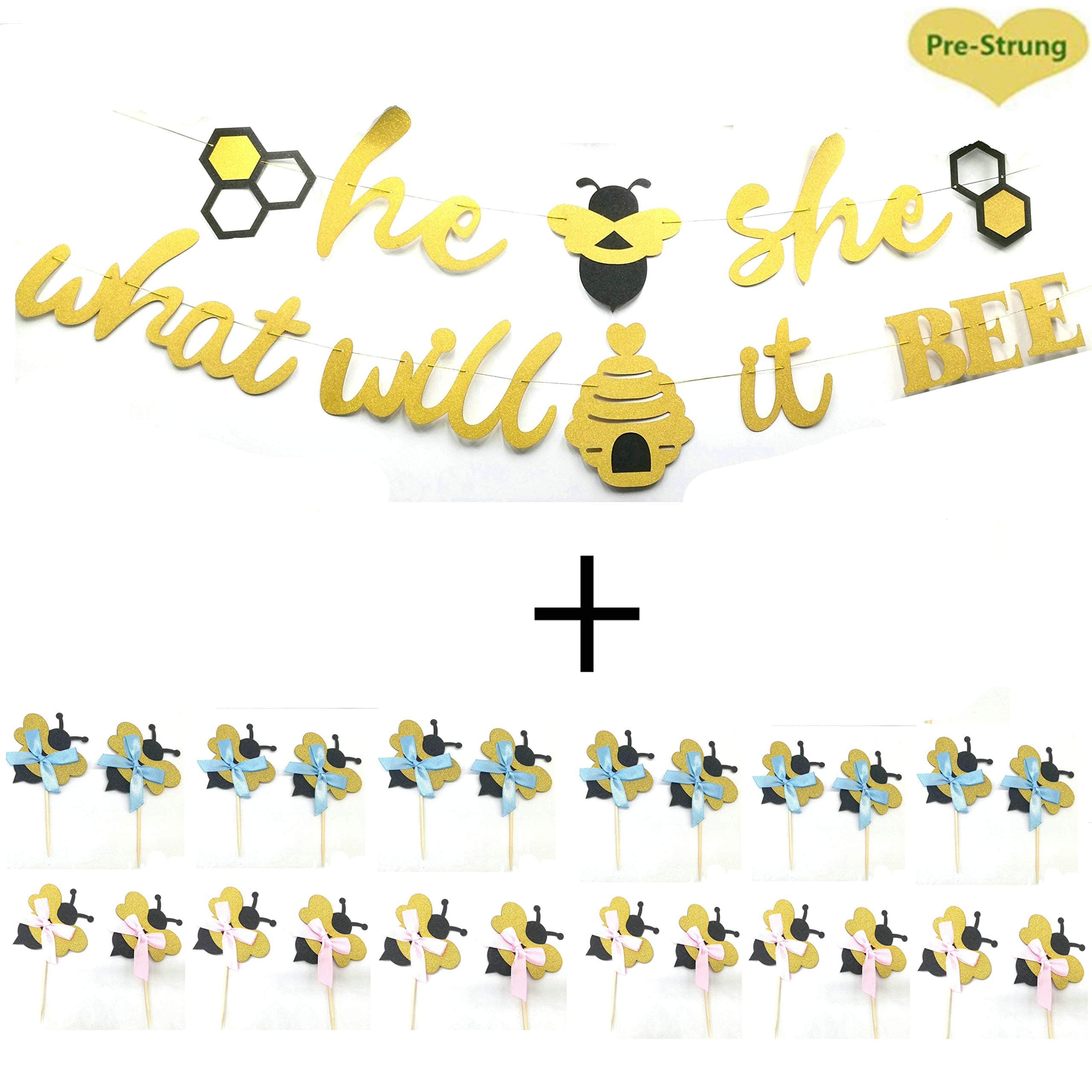 Hemarty He or She What Will It Bee Banner with 24 Bee Cupcake Toppers Gender Reveal Garland with Bee and Beehive Baby Shower Glitter Party Favor Supplies Decorations